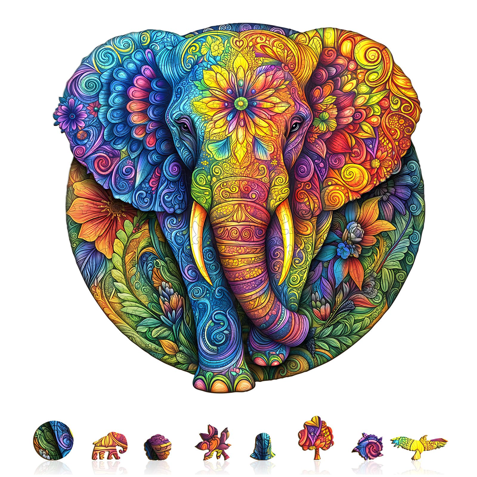 Mandala Elephant Unique Shape Wood Puzzle Zen Art - Aeekdook