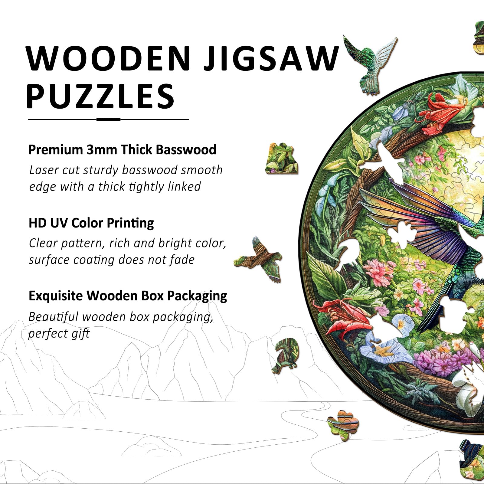 Hummingbird Gardens Wood Puzzle Floral Nature Decor - Aeekdook