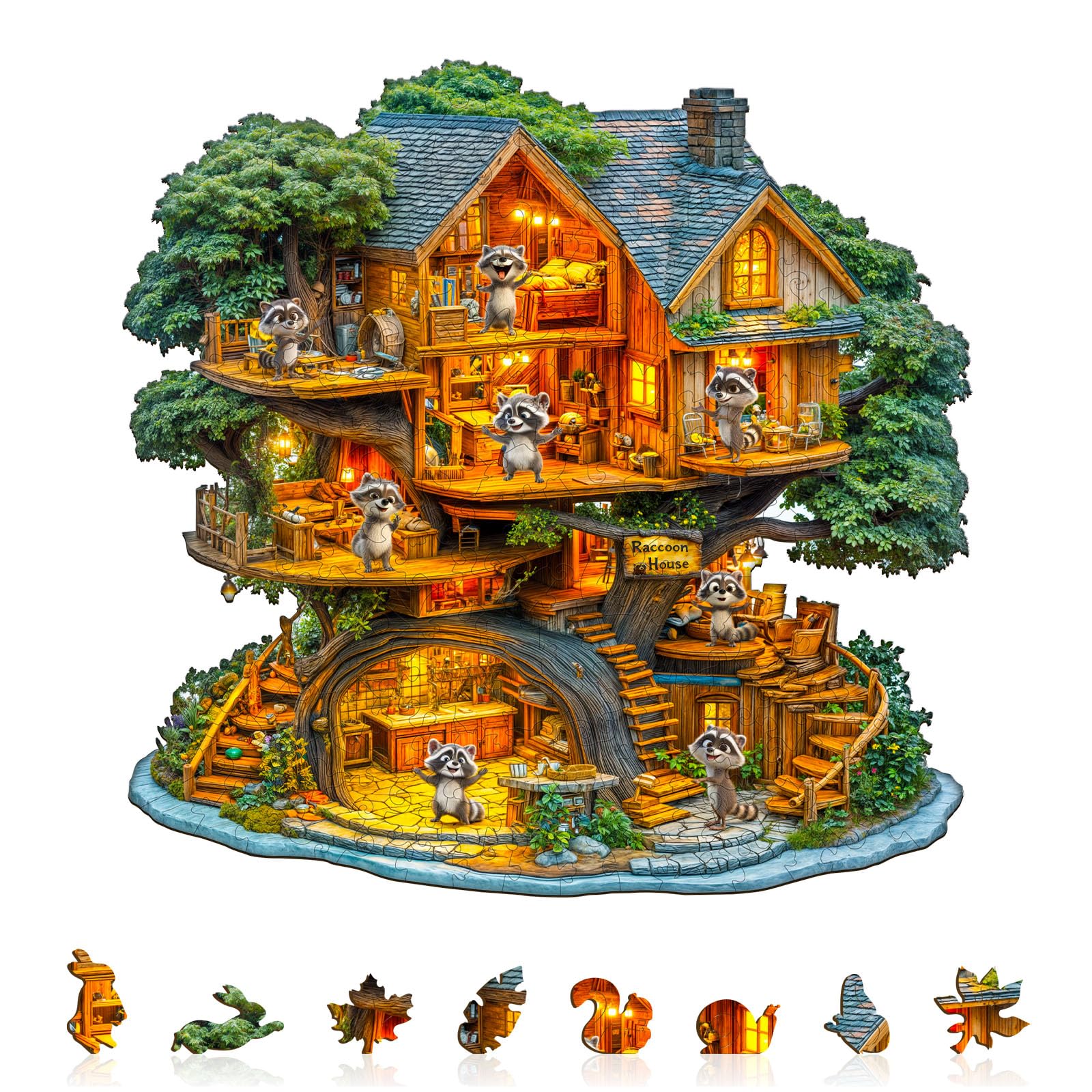 Raccoon House Wood Puzzle Forest Animal Home Art - Aeekdook