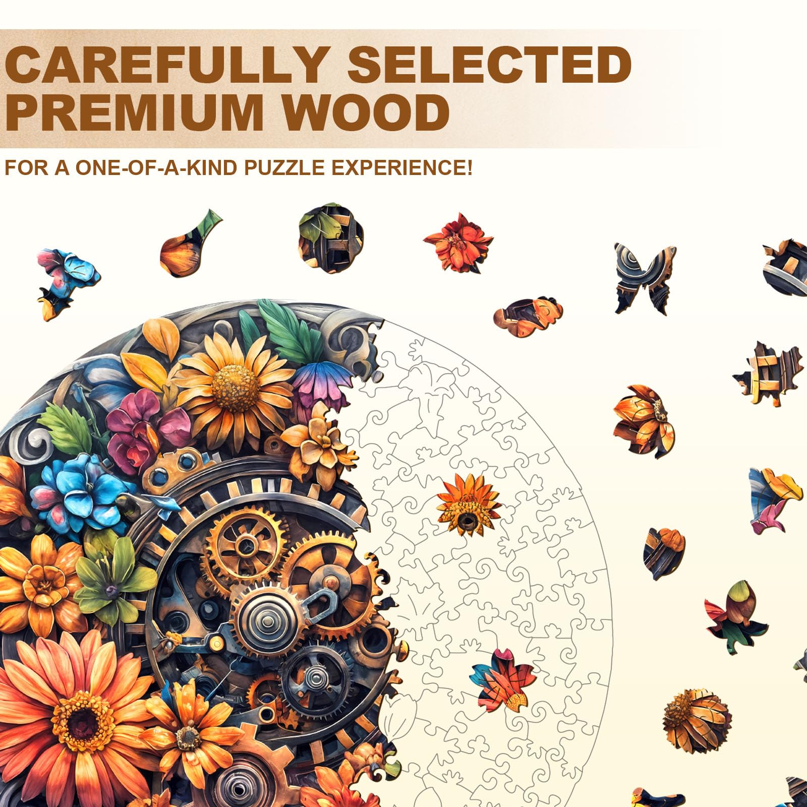 Machinery and Flowers Wood Puzzle Steampunk Nature - Aeekdook