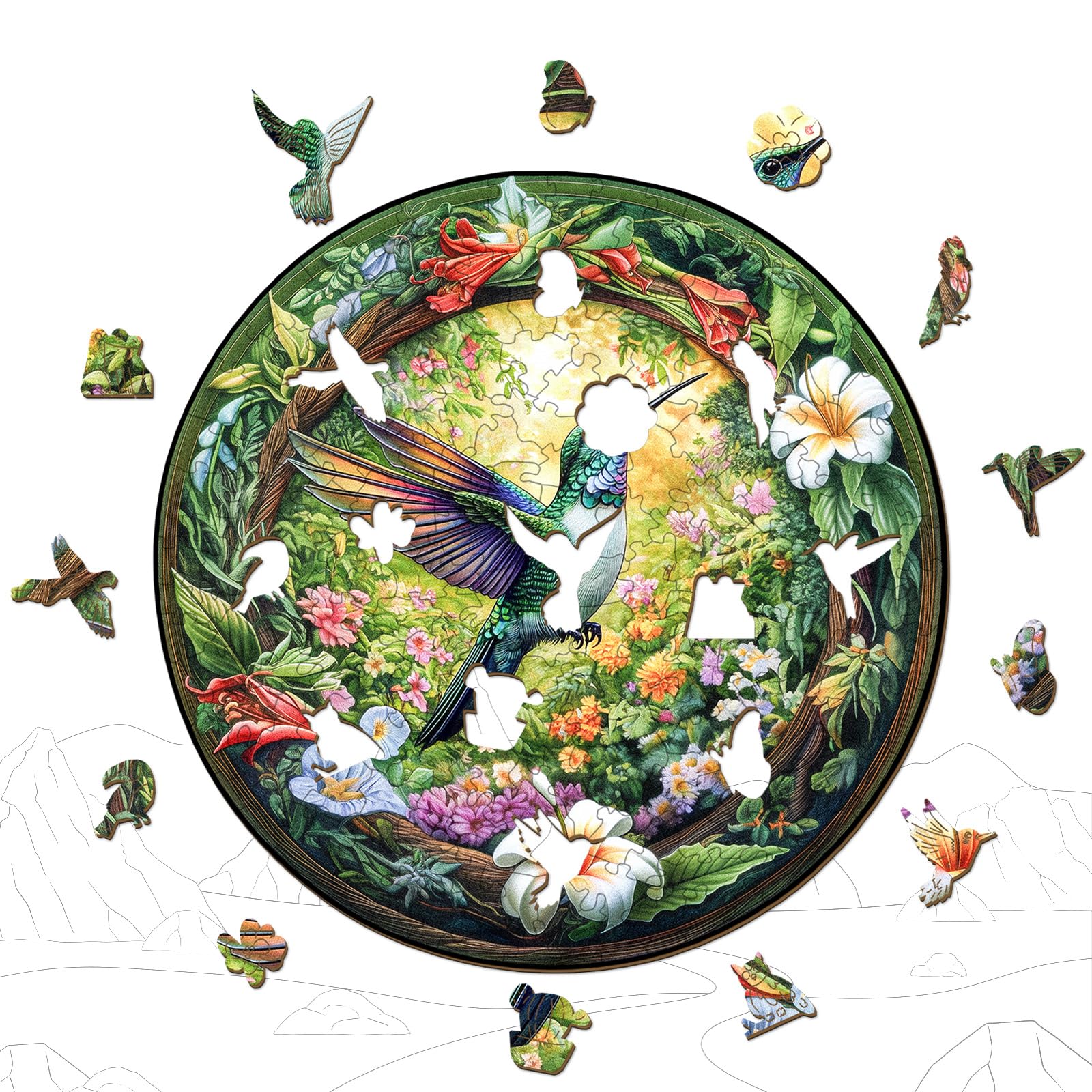 Hummingbird Gardens Wood Puzzle Floral Nature Decor - Aeekdook