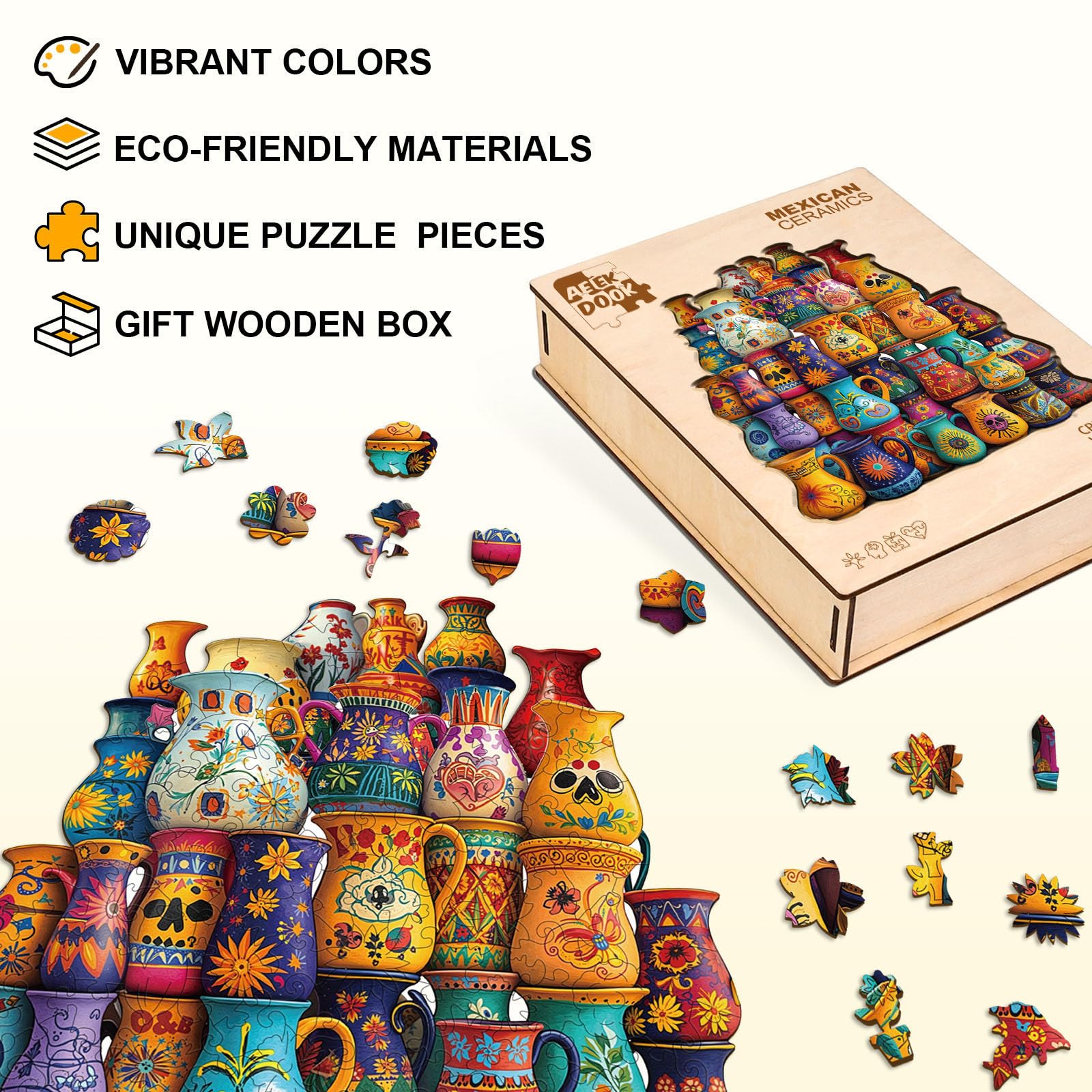 Mexican Ceramics Wood Puzzle Traditional Folk Art - Aeekdook