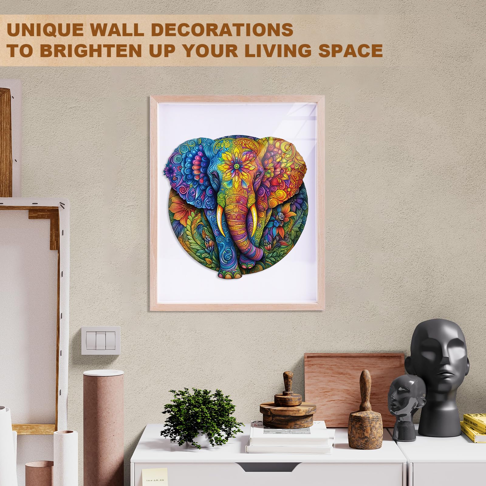Mandala Elephant Unique Shape Wood Puzzle Zen Art - Aeekdook