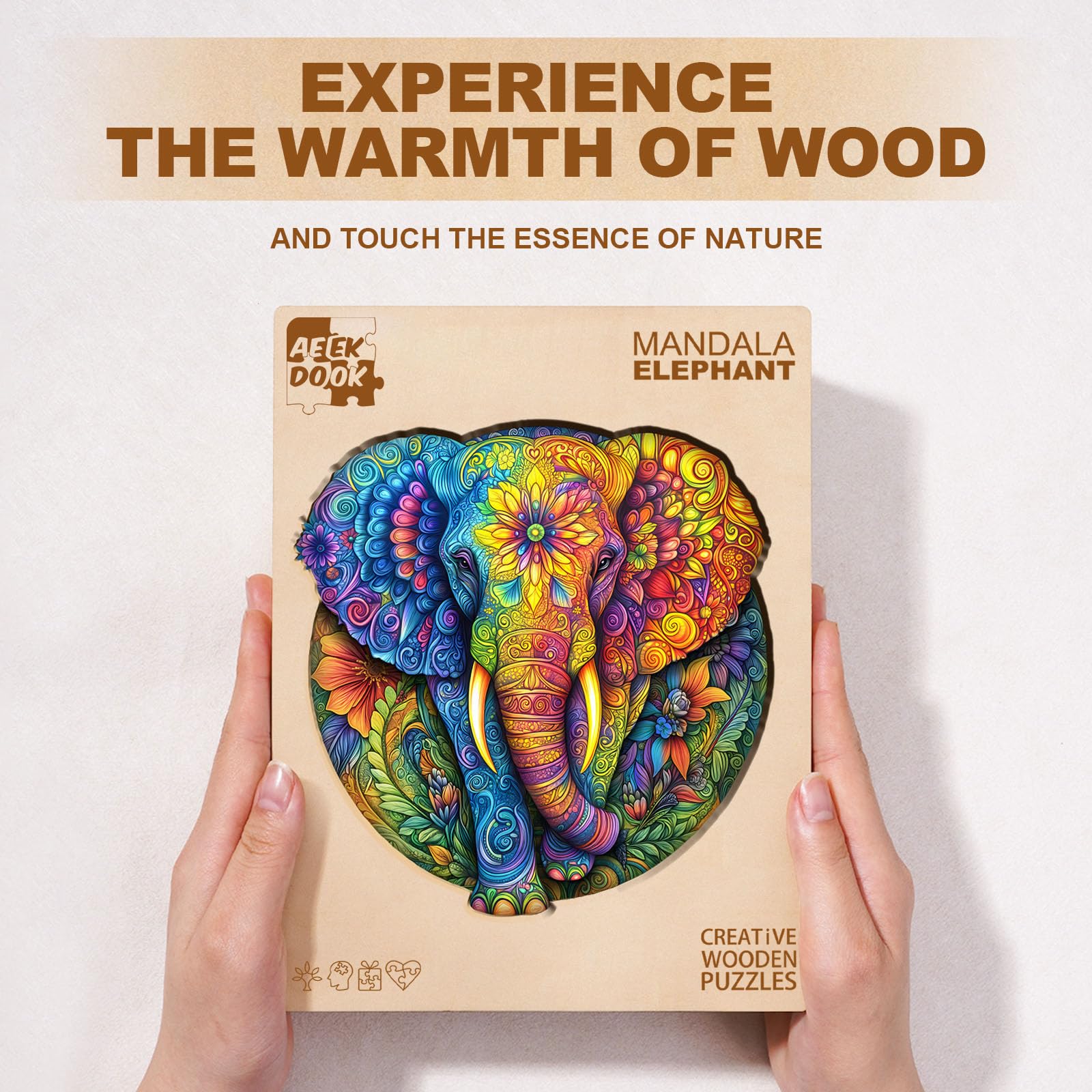 Mandala Elephant Unique Shape Wood Puzzle Zen Art - Aeekdook