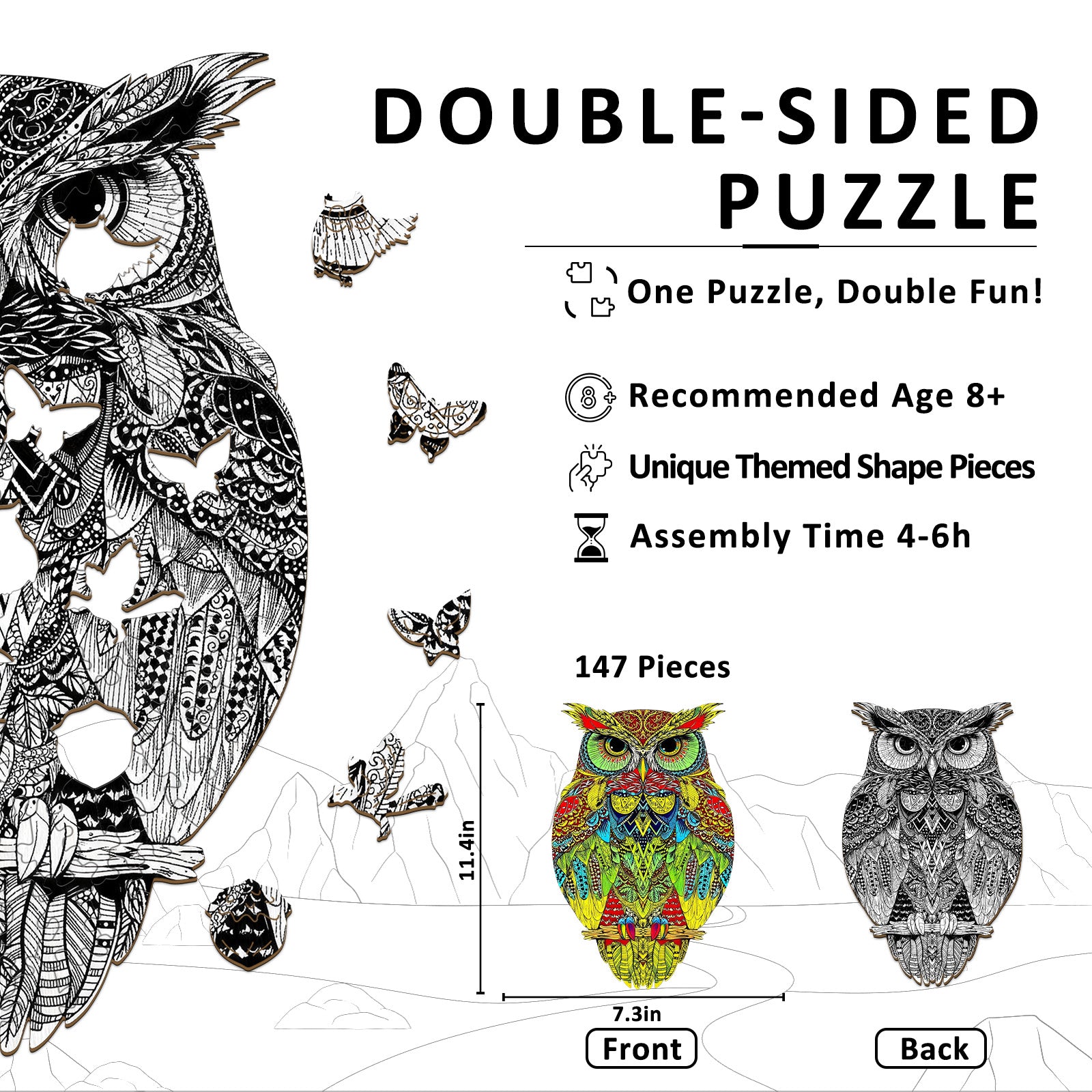 Double-sided Owl Unique Wooden Puzzles