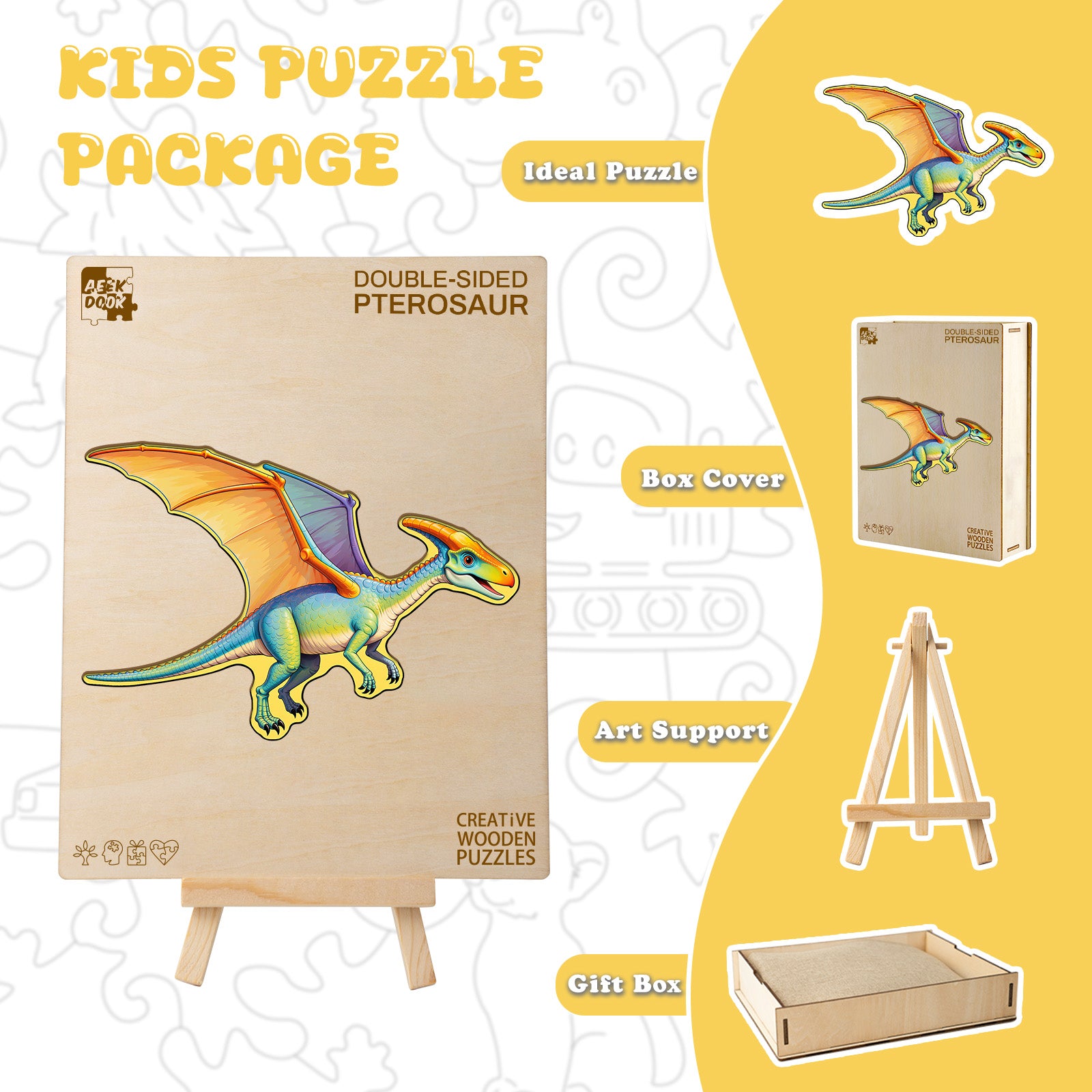Double-sided Pterosaur Wooden Jigsaw Puzzle for Kids