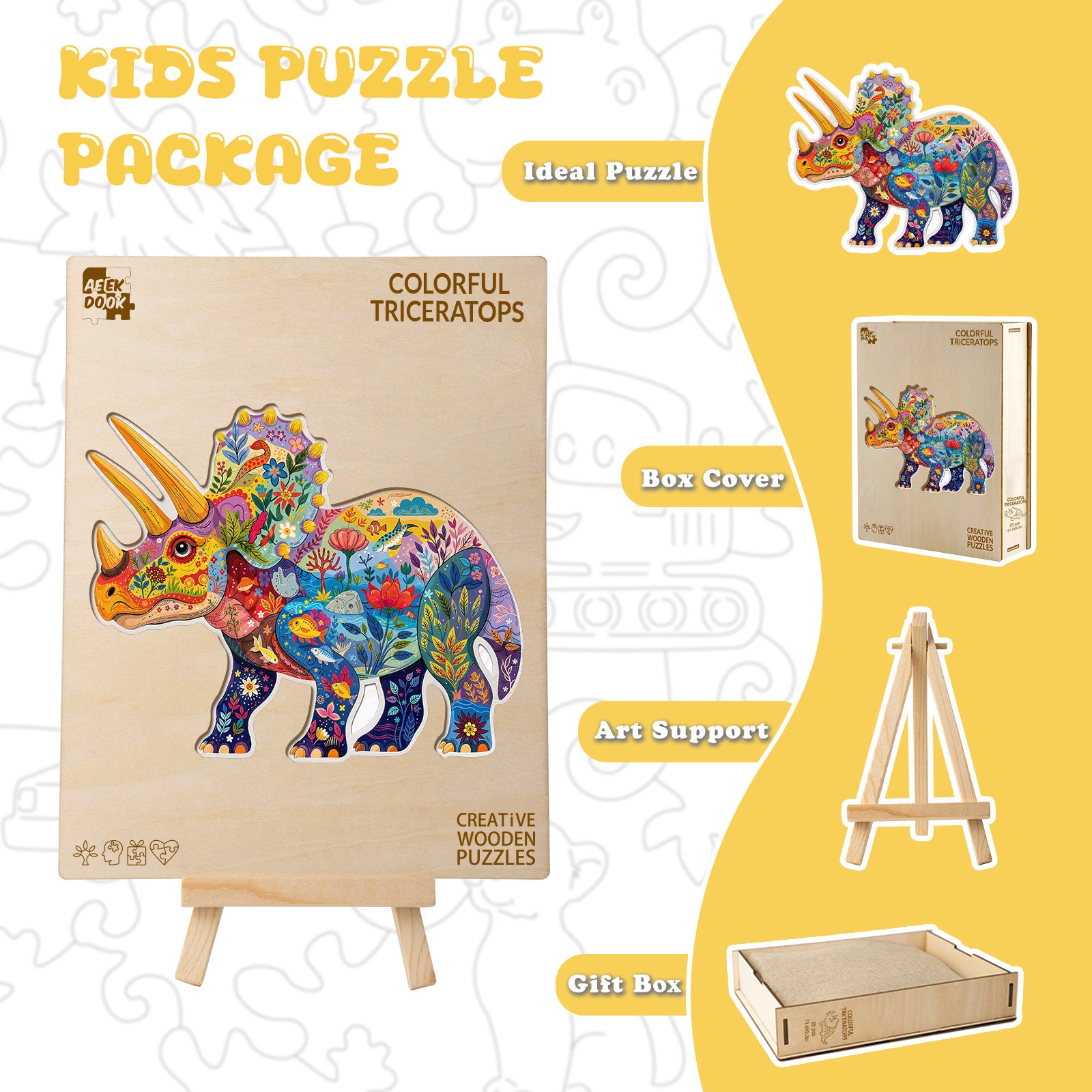 Colorful Triceratops 25 Piece Kids Wood Puzzle