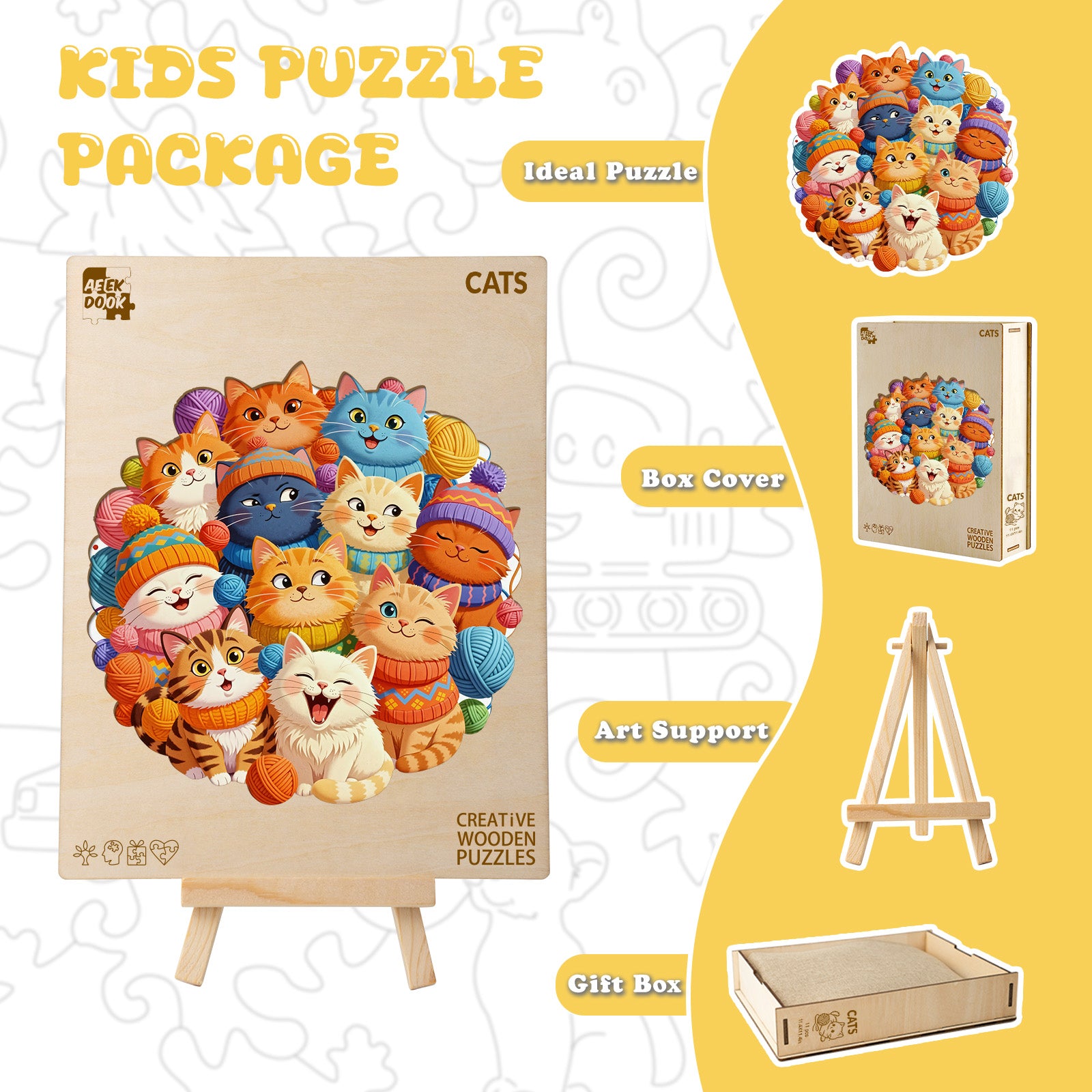 Cats Family Wood Jigsaw Puzzle for Kids - Aeekdook