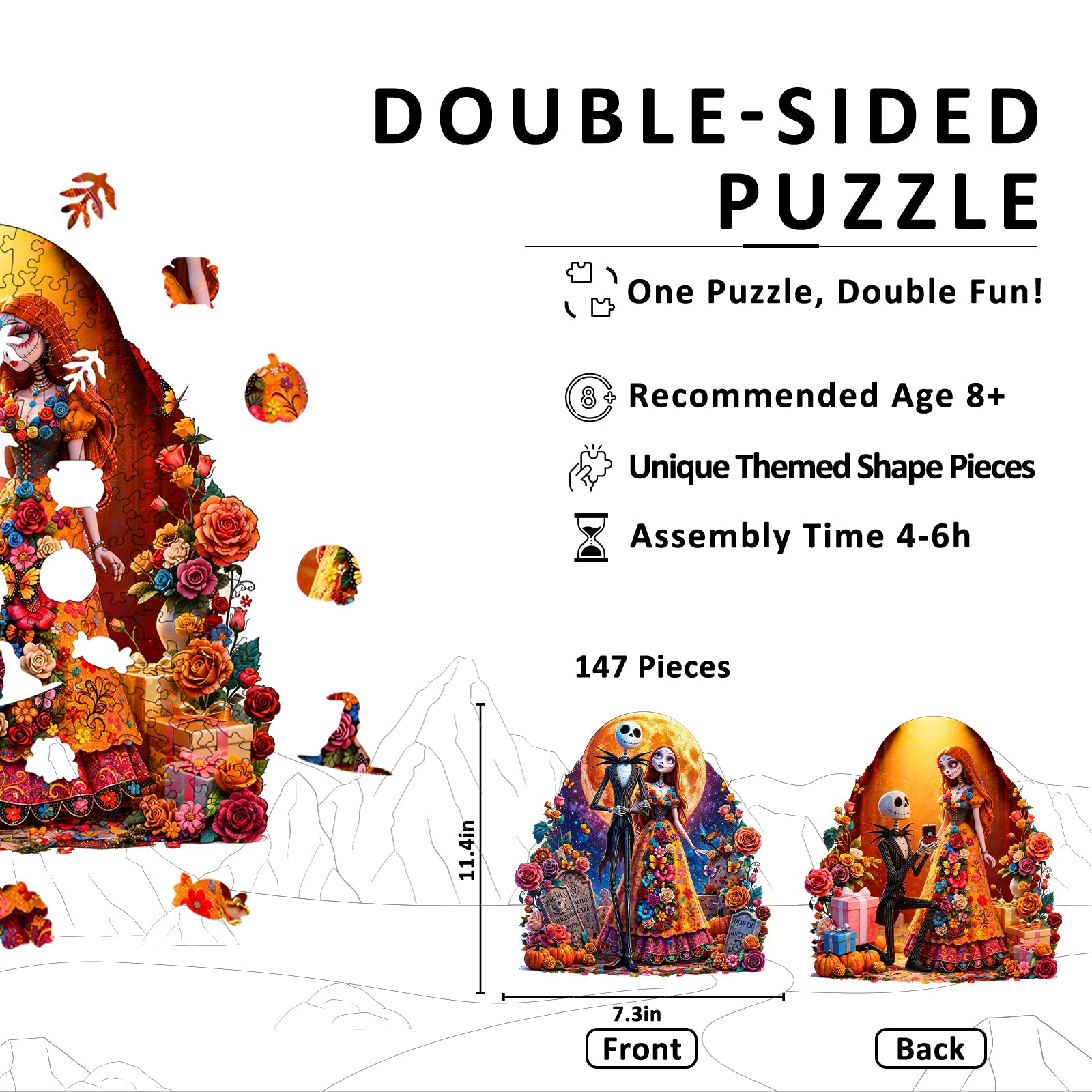 Double-sided Flower Skull Wooden Puzzles for Adults