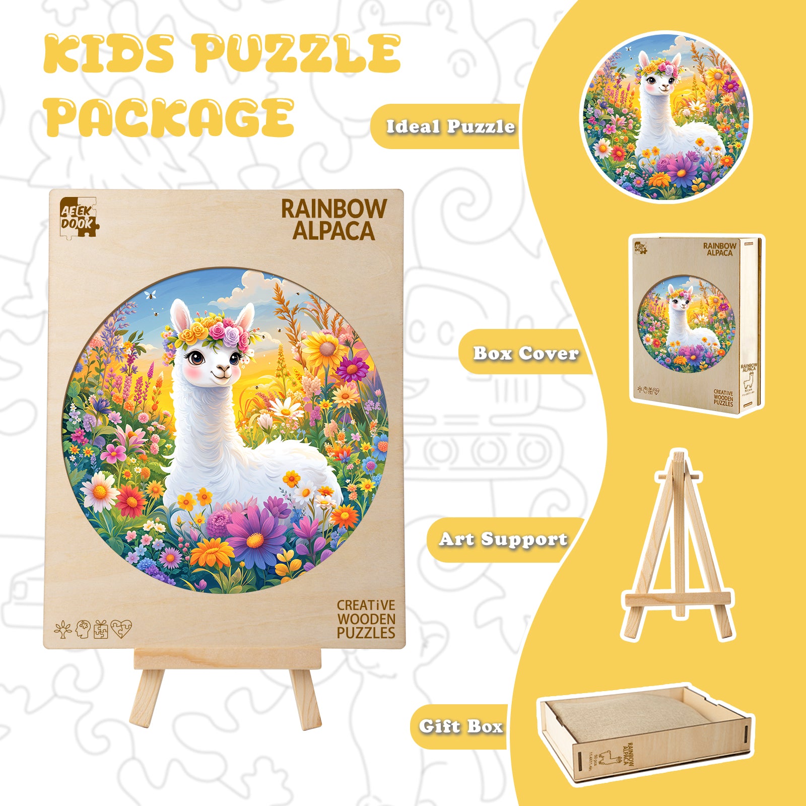 Rainbow Alpaca 50 Pieces Wooden Puzzles for Kids Ages 4-6 - Aeekdook