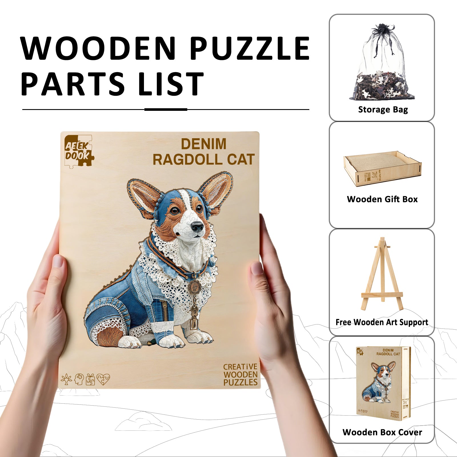 Denim Corgi Wooden Jigsaw Puzzles