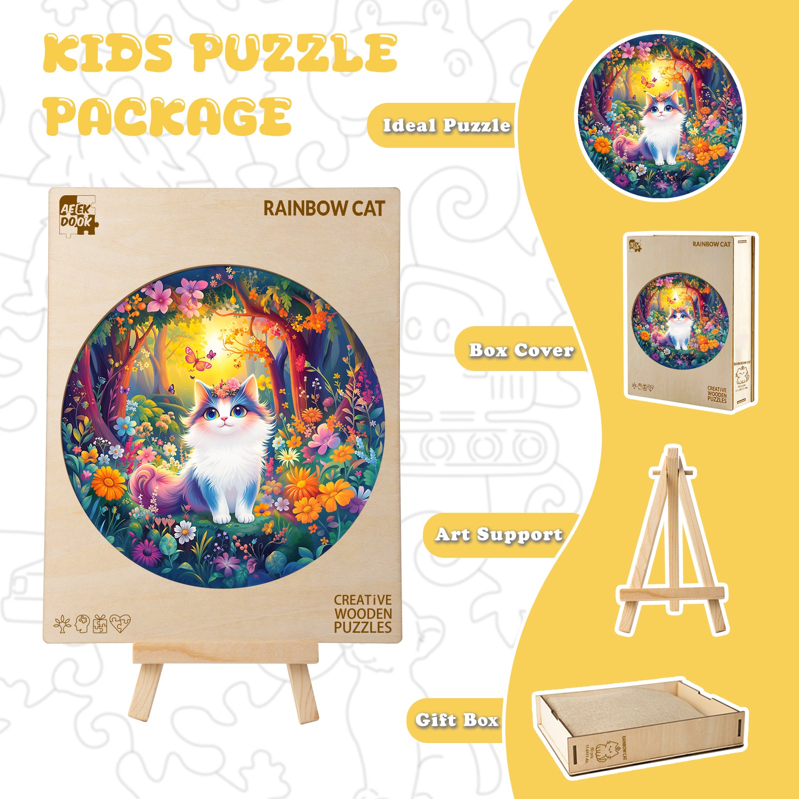 Rainbow Cat 50 Pieces Wooden Puzzles for Kids Ages 4-6 - Aeekdook