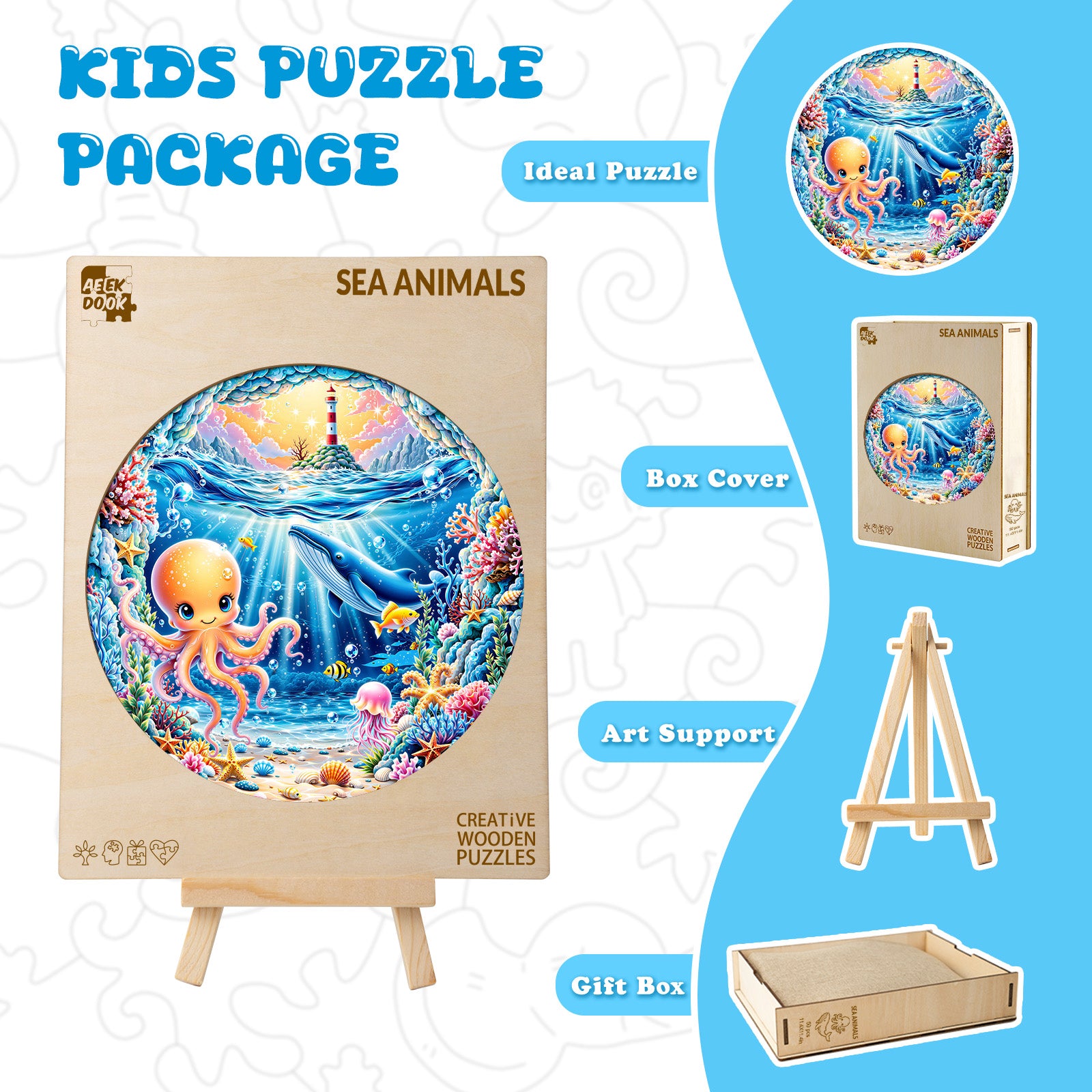 Sea Animals Wooden Jigsaw Puzzle for Kids - Aeekdook