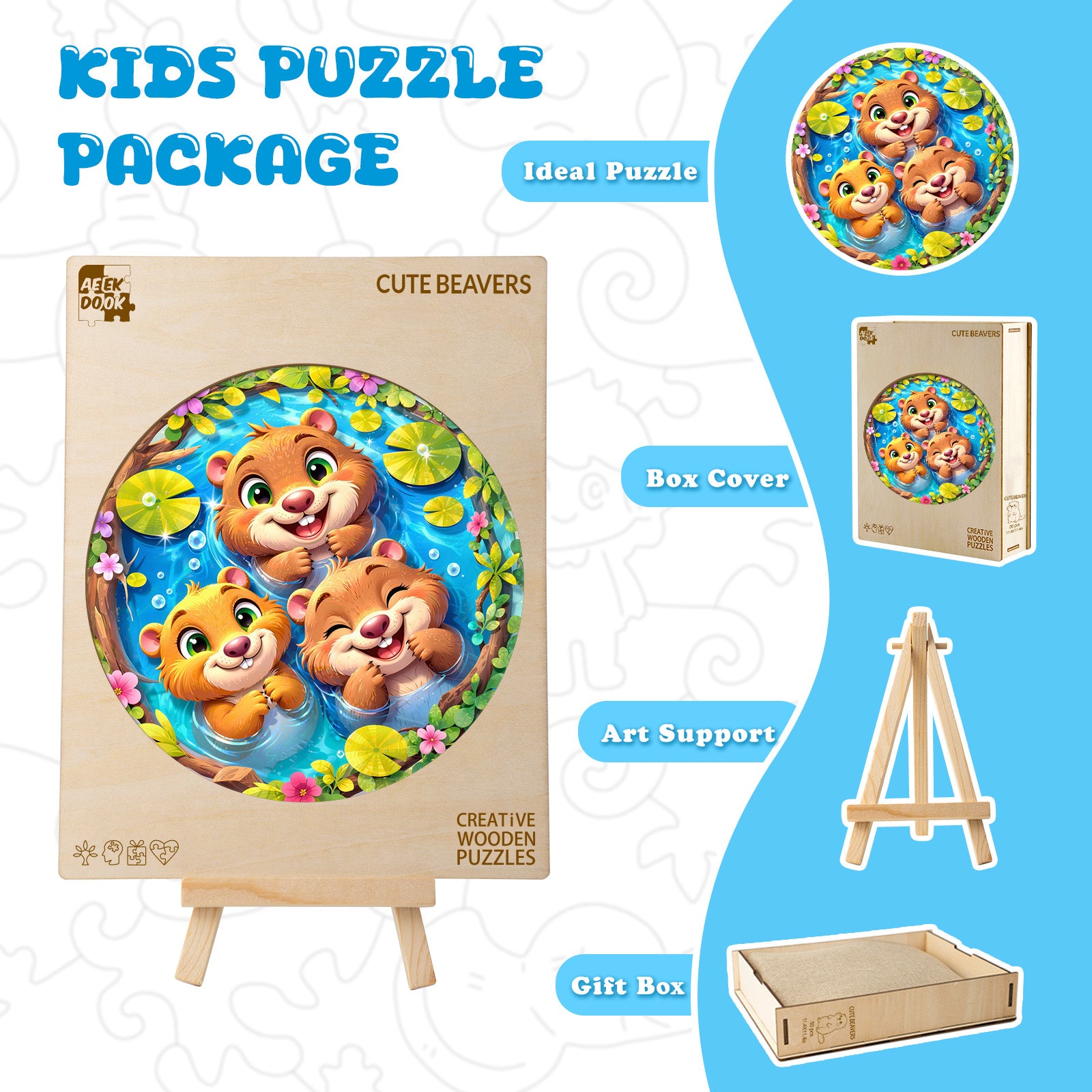 Cute Beavers 50 Pieces Kids Wood Puzzle