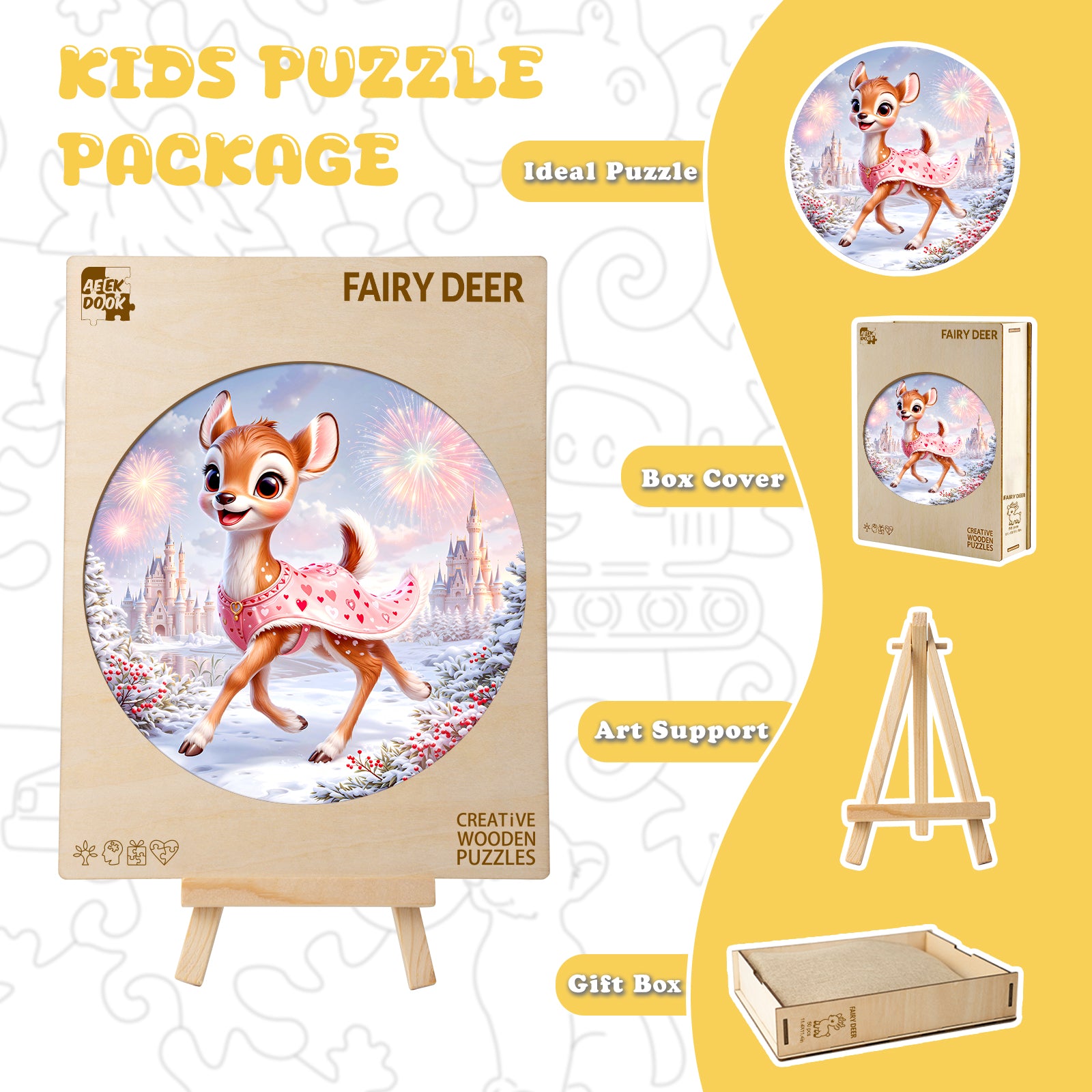 Fairy Deer Woodland Wood Jigsaw Puzzle for Children - Aeekdook