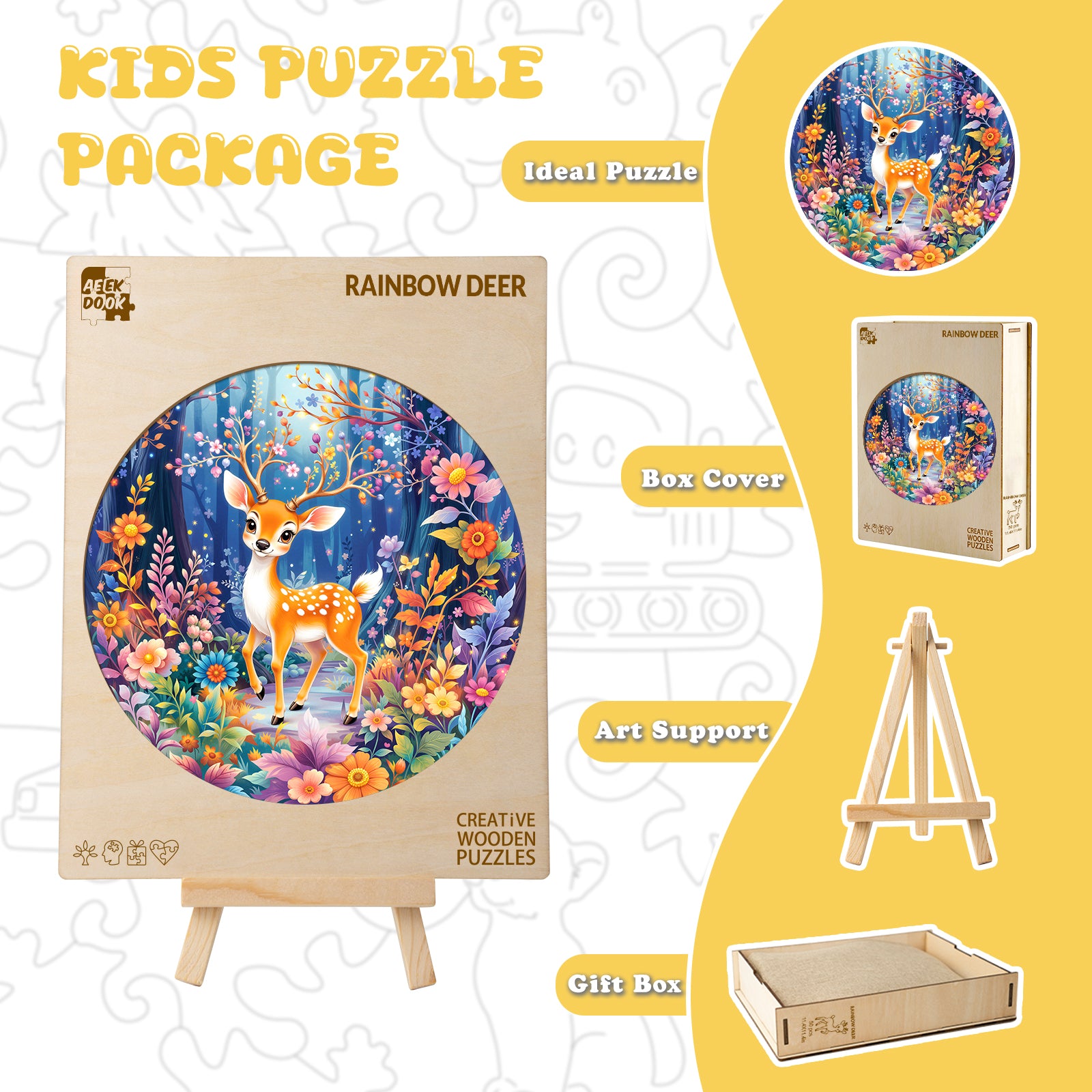 Rainbow Deer 50 Pieces Wooden Puzzles for Kids Ages 4-6 - Aeekdook
