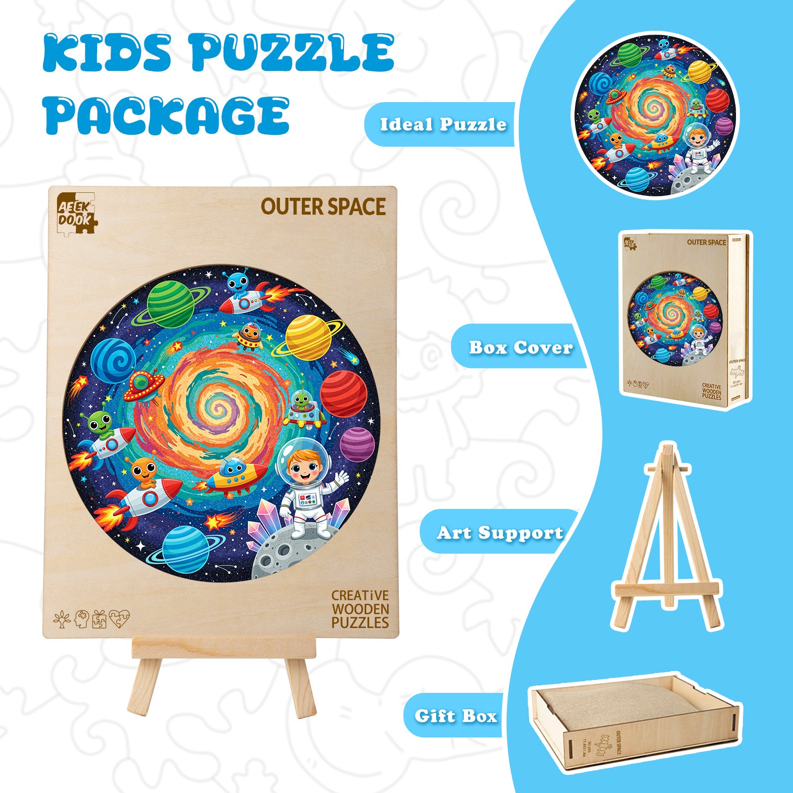 Outer Space Astronaut Wooden Jigsaw Puzzle for Kids - Aeekdook