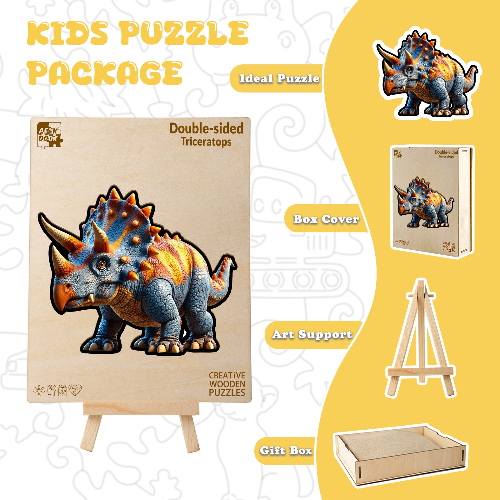 Double-sided Triceratops Wooden Puzzle for Kids