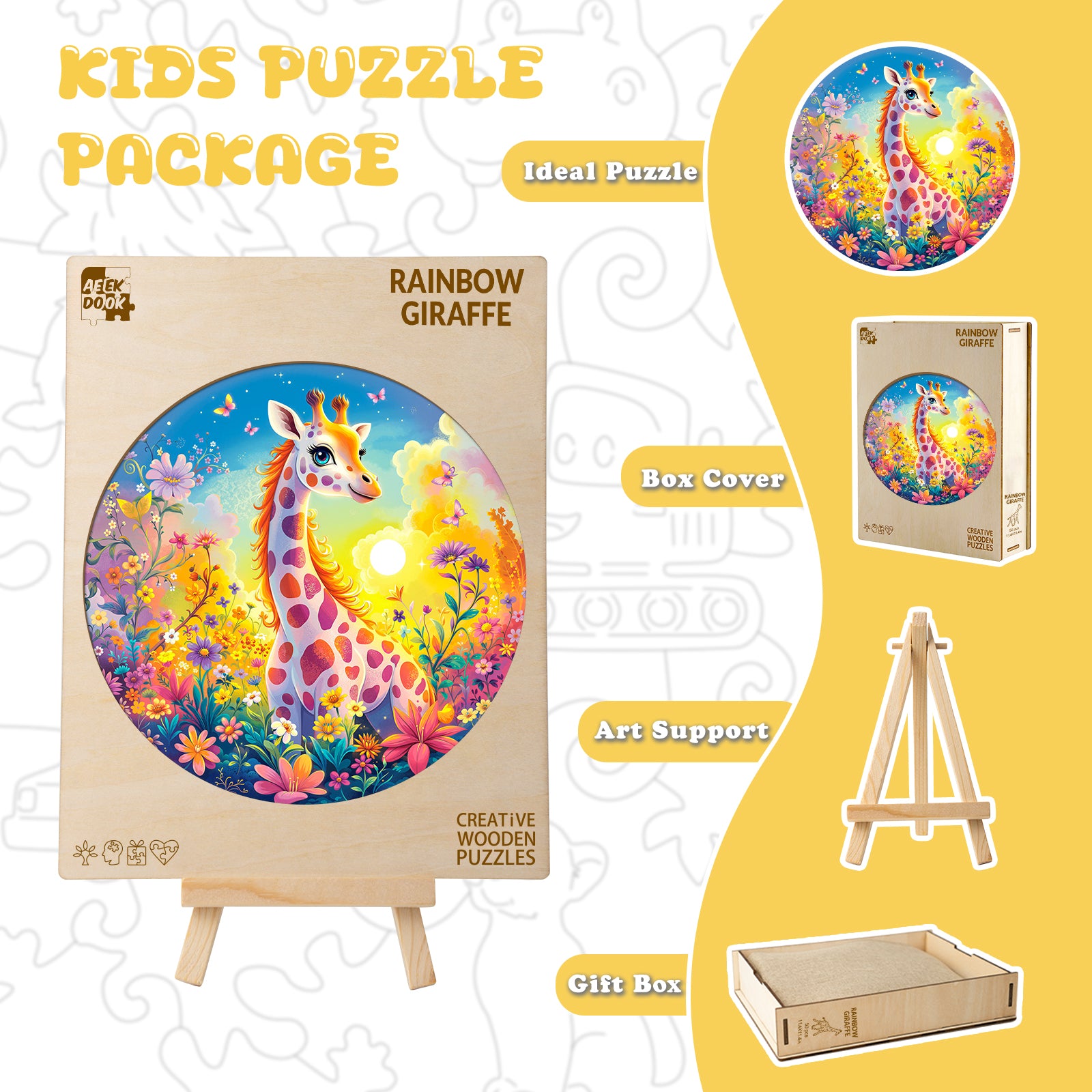 Rainbow Giraffe 50 Pieces Wooden Puzzles for Kids Ages 4-6 - Aeekdook