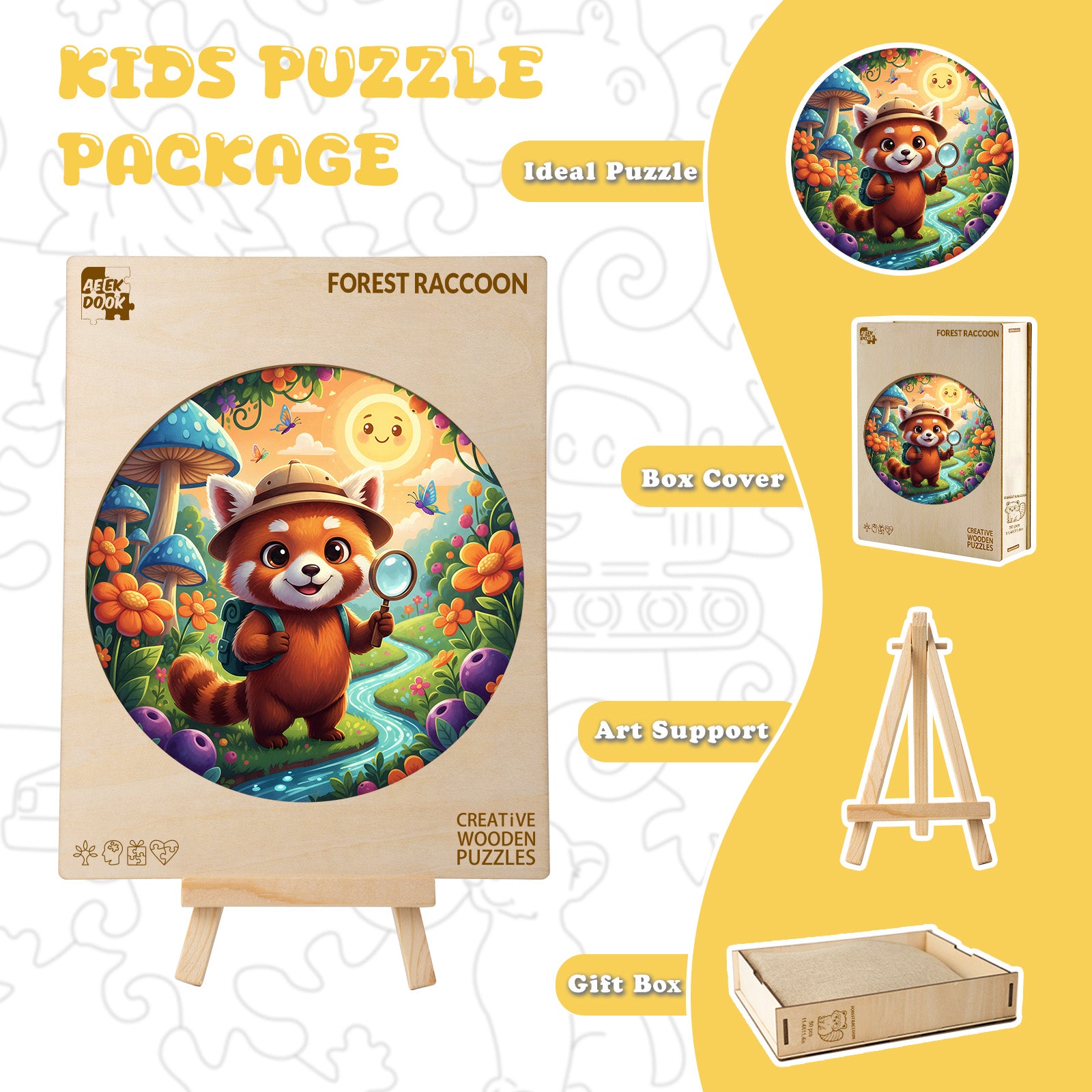 Forest Raccoon Nighttime Wooden Puzzle for Kids - Aeekdook