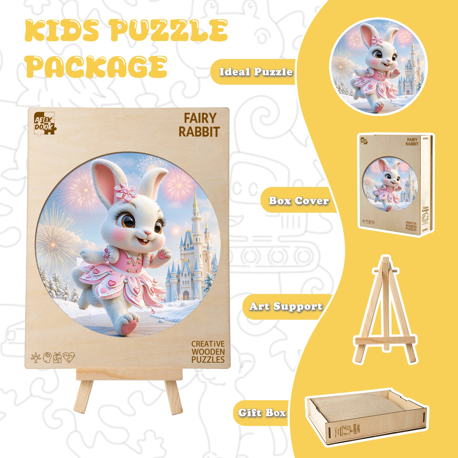 Fairy Rabbit Wood Puzzle Whimsical Montessori Learning Toy - Aeekdook