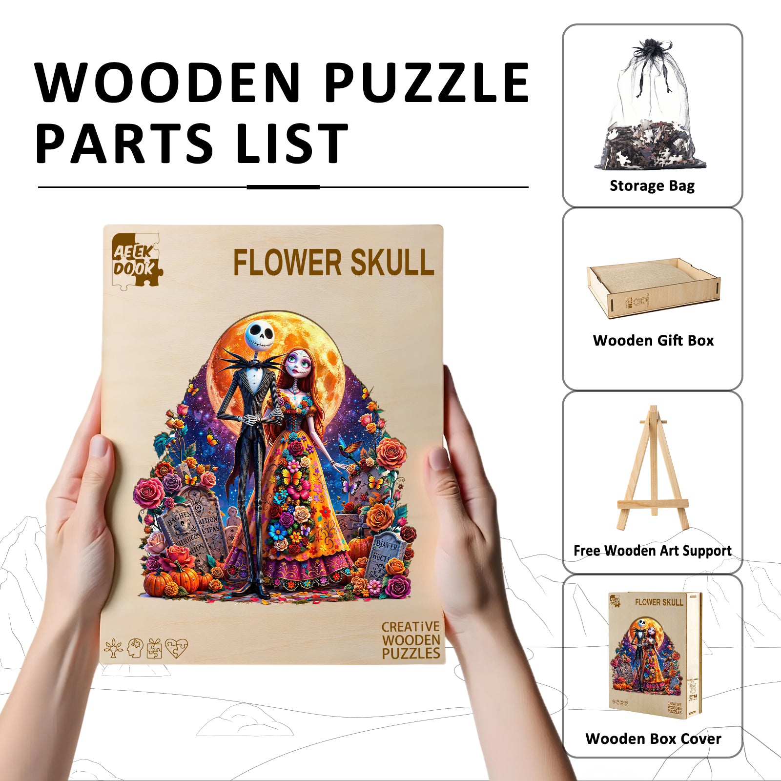 Double-sided Flower Skull Wooden Puzzles for Adults