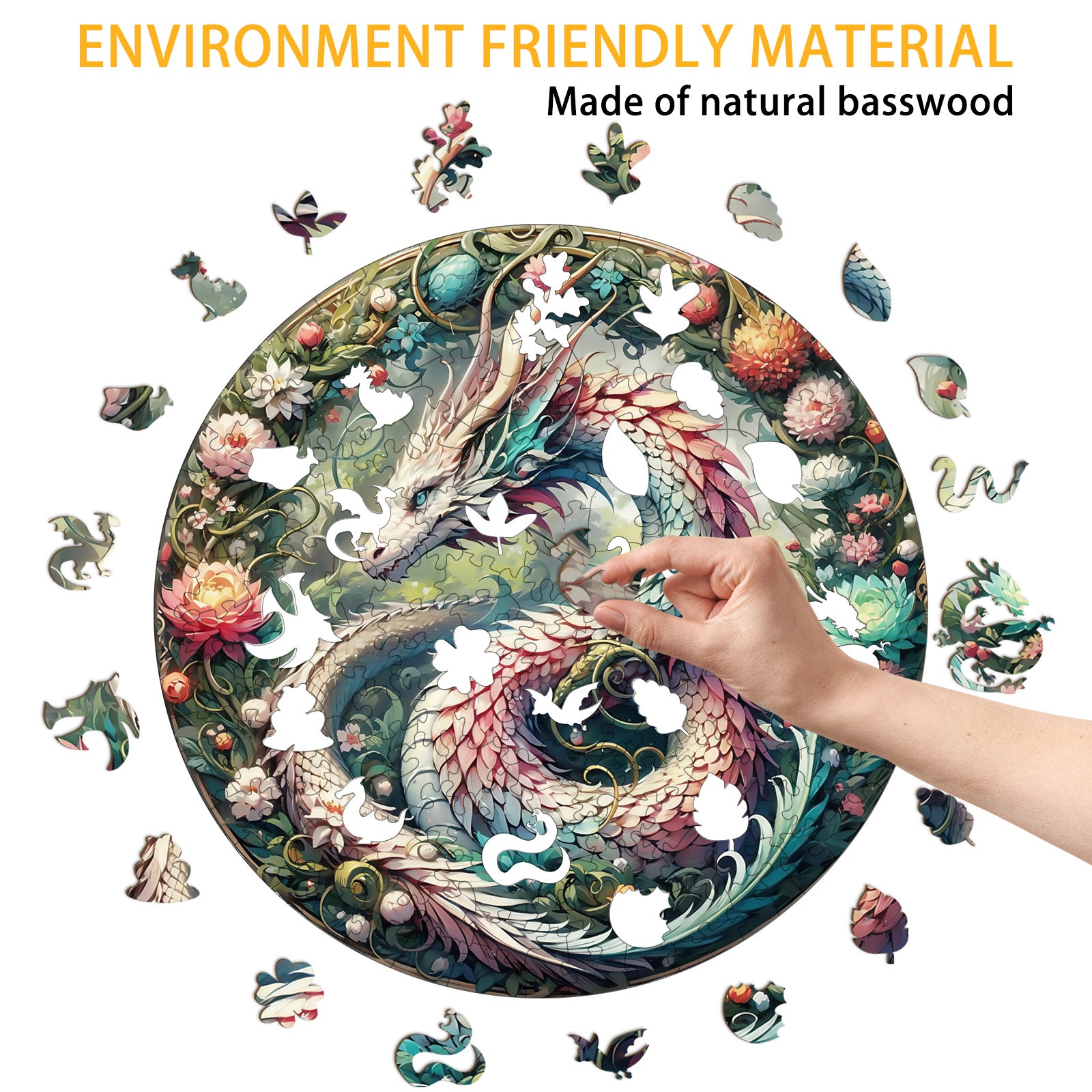 Mandala Dragon Unique Shape Wood Puzzle Mythical - Aeekdook