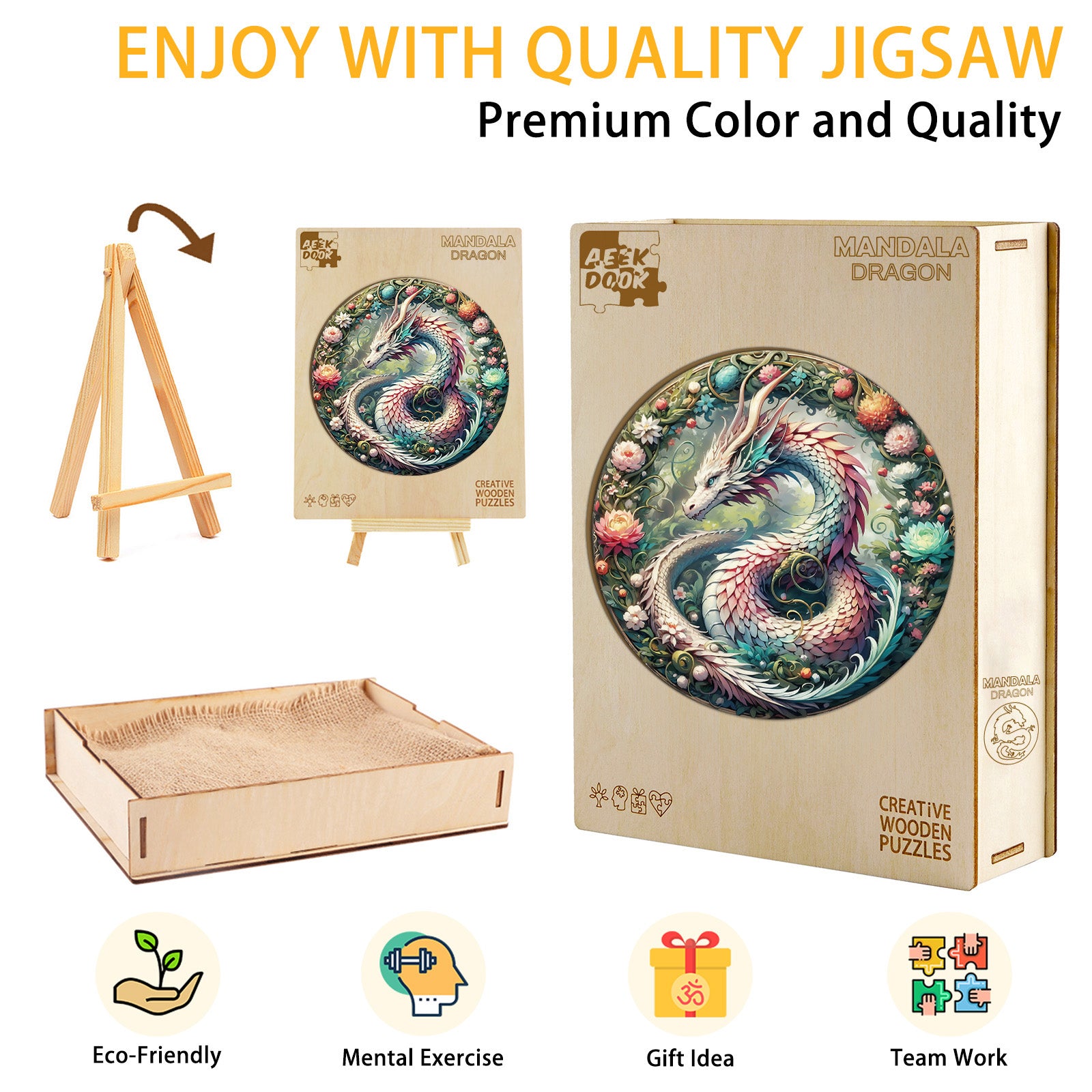 Mandala Dragon Unique Shape Wood Puzzle Mythical - Aeekdook