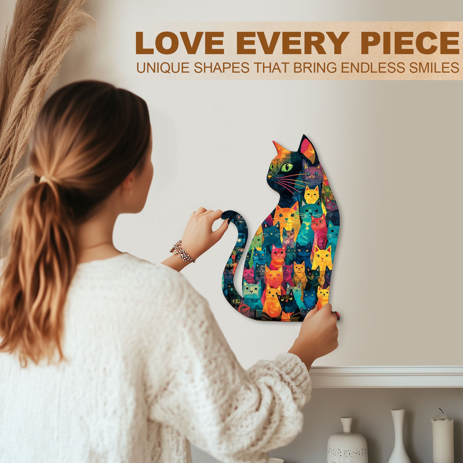 Colorful Patchwork Cat Wooden Jigsaw Puzzles for Adults - Aeekdook
