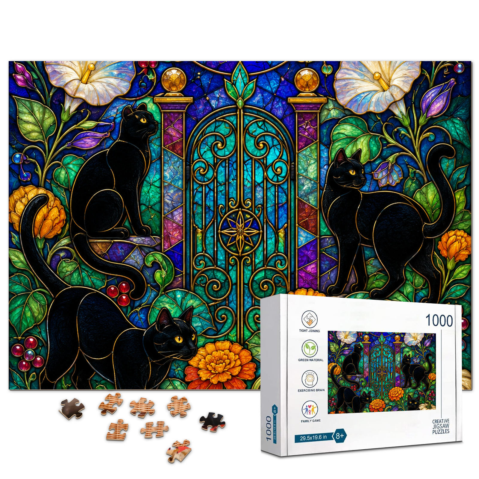 Black Cat Stained Glass Halloween Puzzle - puzzle product view