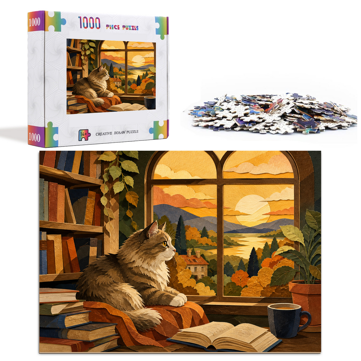 Golden-Hour Library Cat Landscape Puzzle - puzzle product view