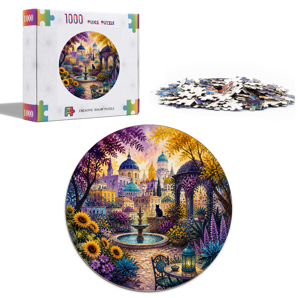 Crimson Watercolor City Garden Round Puzzle - puzzle product view
