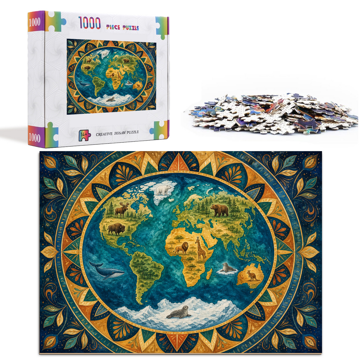 Golden Hour World Habitat Map Mandala Ornamental Landscape Puzzle - puzzle product view