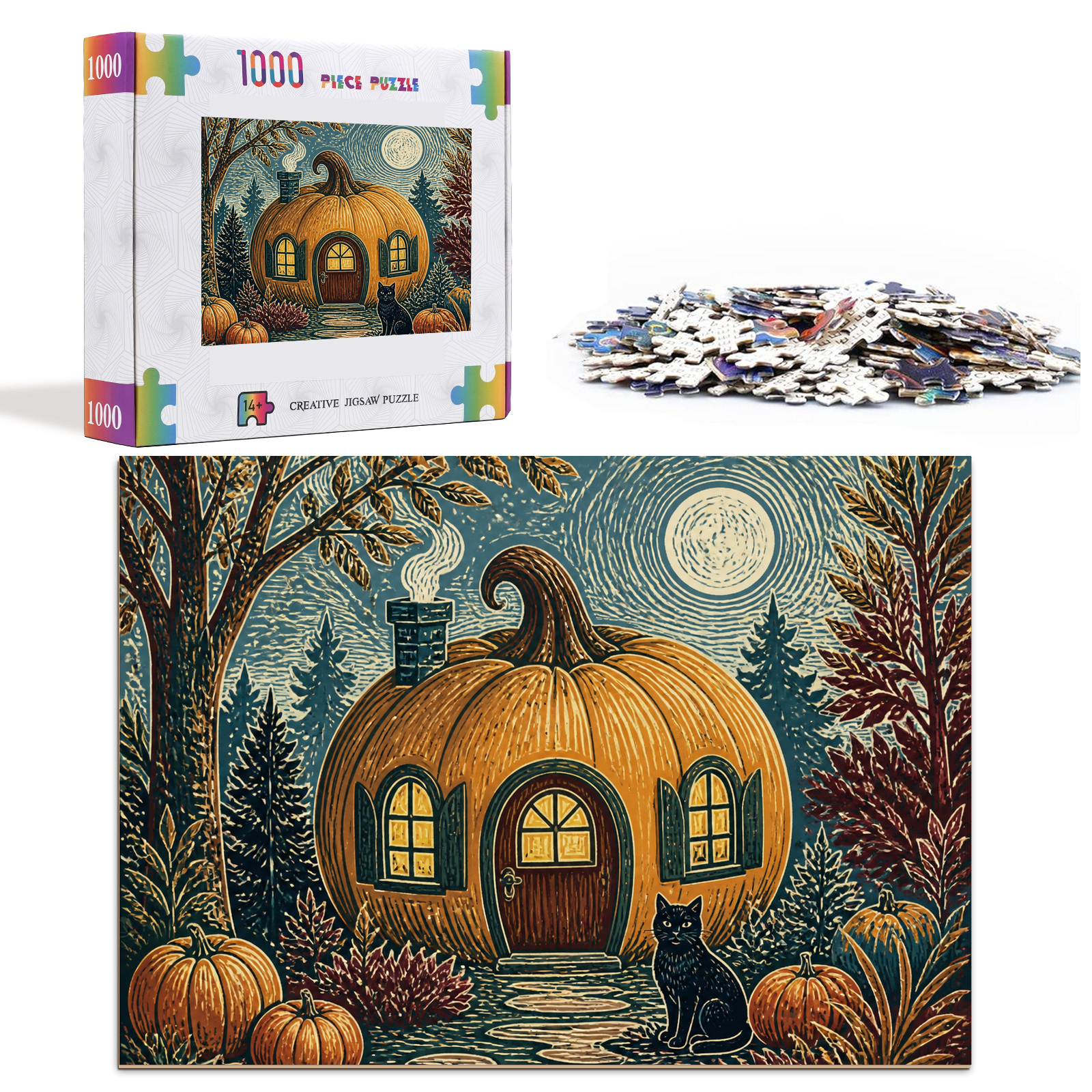 Vibrant Pumpkin Cottage Linocut Landscape Puzzle - puzzle product view