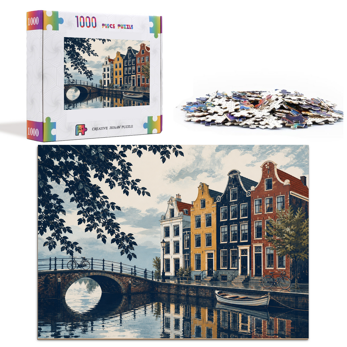 Rain Washed Canal Side Houses Screen Print Landscape Puzzle - puzzle product view