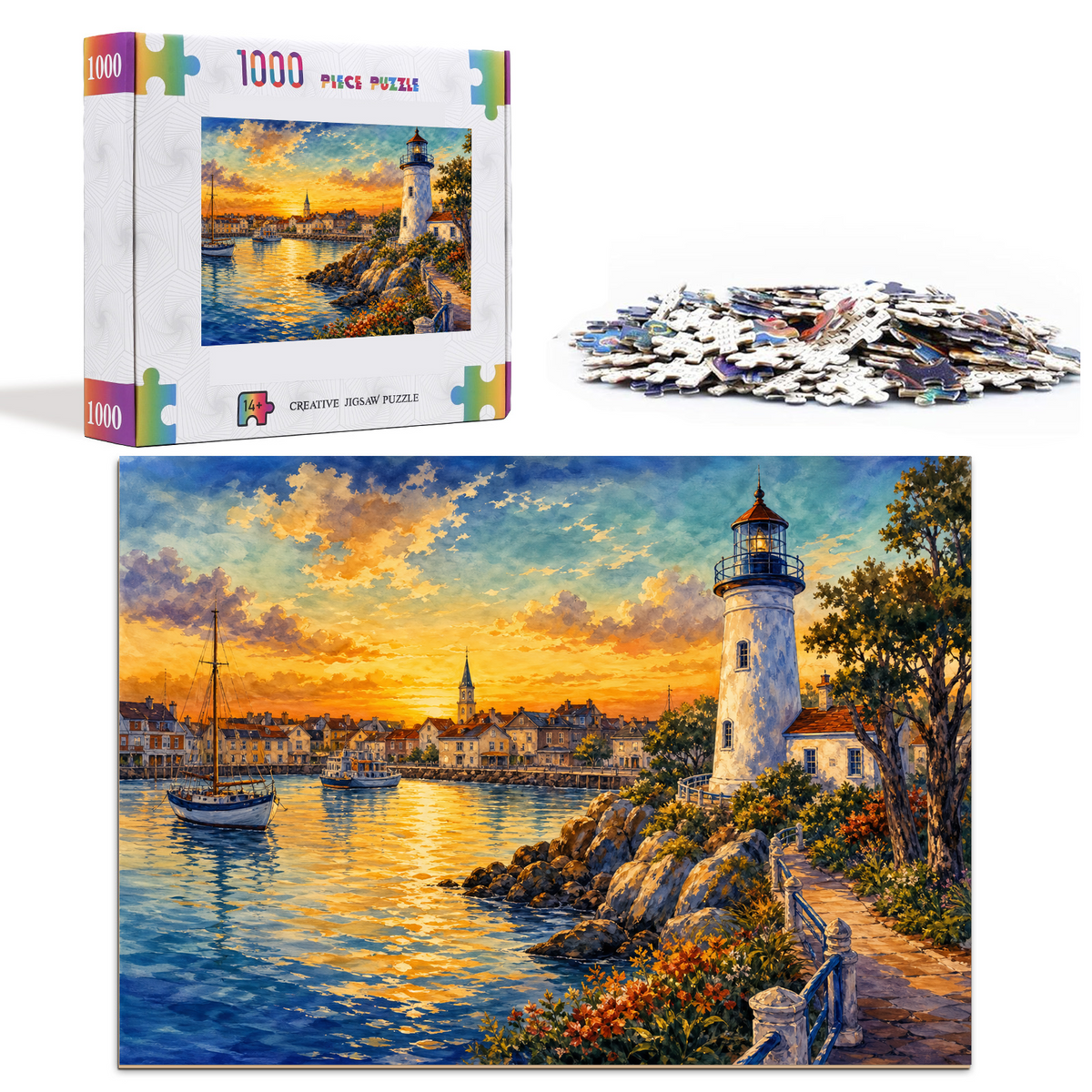 Golden-Hour Lighthouse Harbor Landscape Puzzle - puzzle product view
