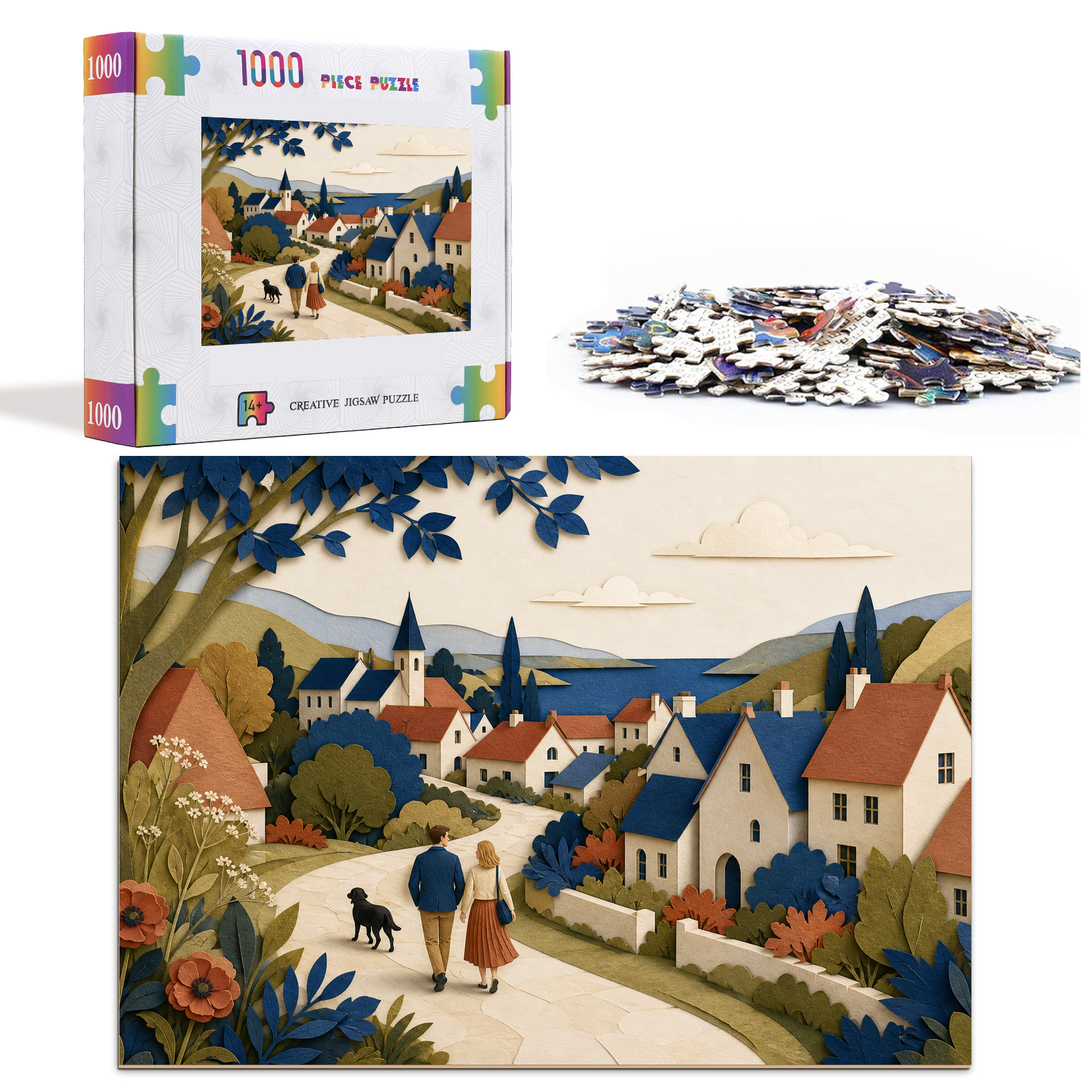 Story Rich Whimsical Neighborhood Paper Cut Collage Landscape Puzzle - puzzle product view