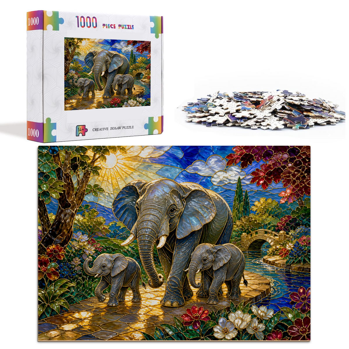 Sunlit Elephant Family Landscape Puzzle - puzzle product view