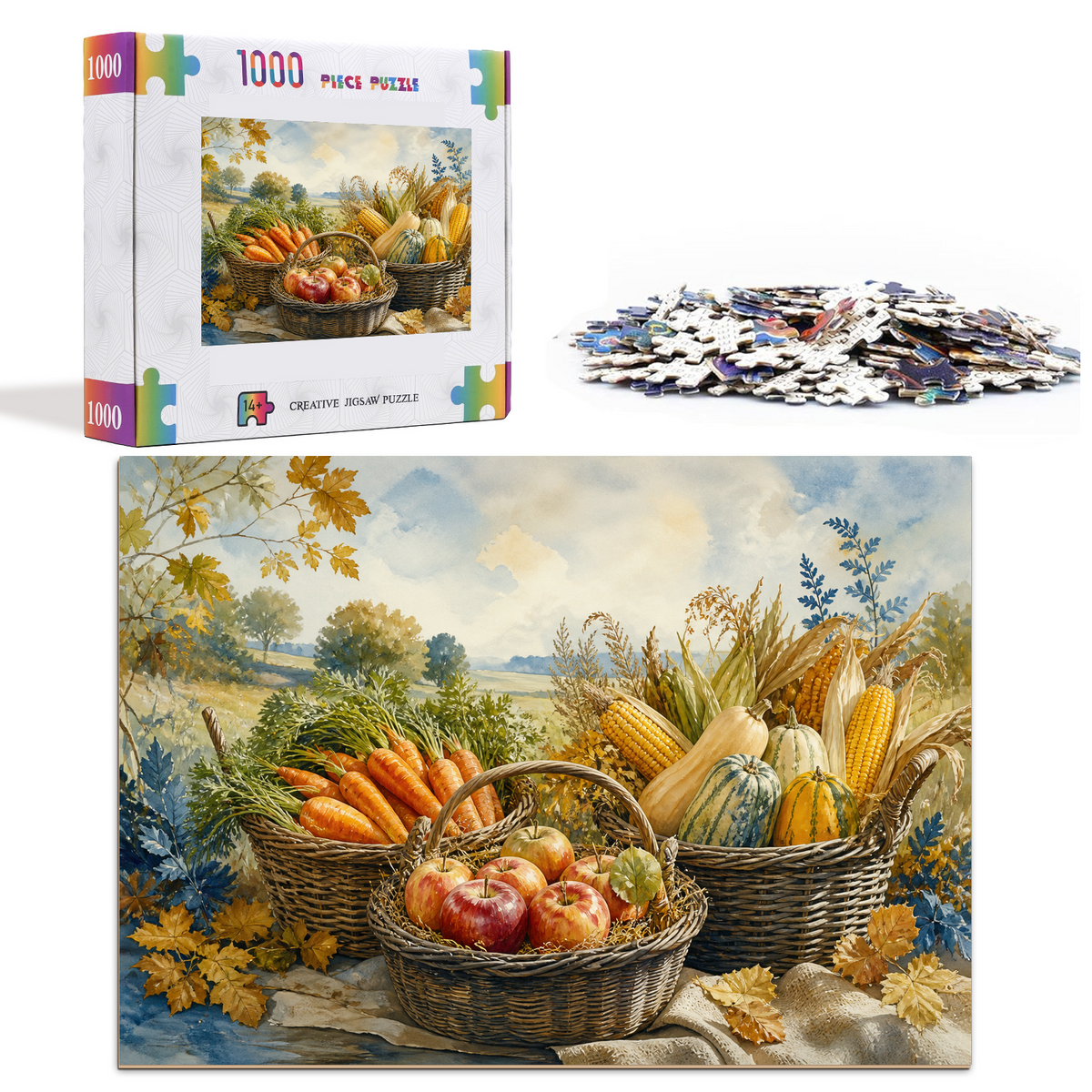 Story Rich Farmers Market Baskets Watercolor Ink Landscape Puzzle - puzzle product view