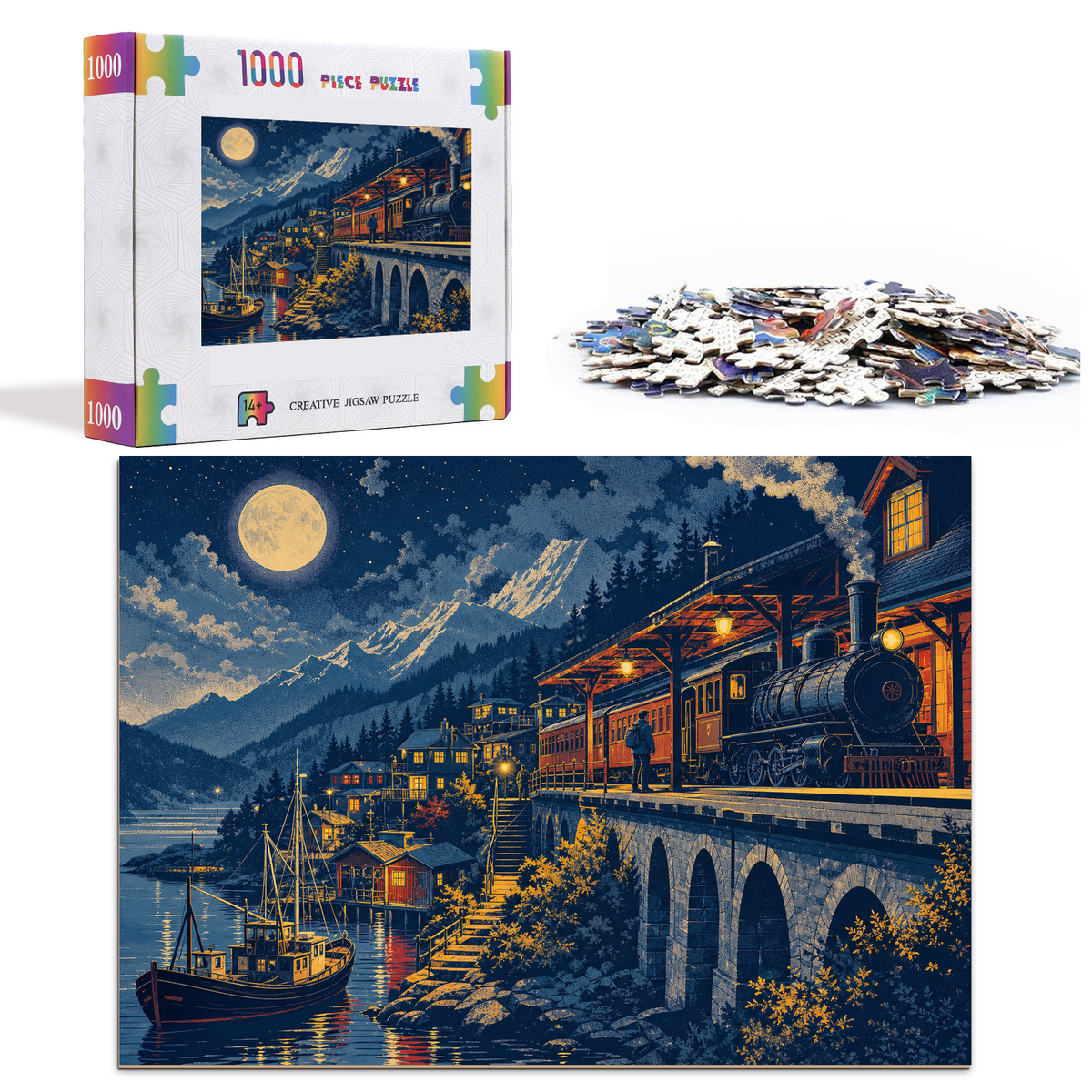 Moonlit Mountain Railway Station Landscape Puzzle - puzzle product view