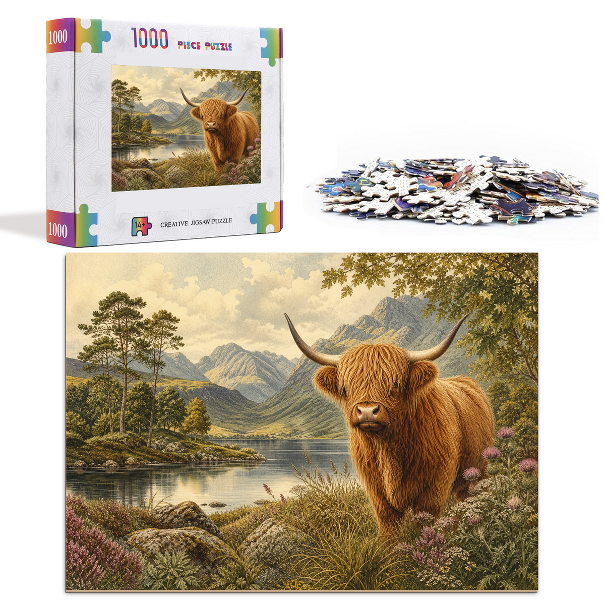 Luminous Highland Cattle Landscape Puzzle - puzzle product view