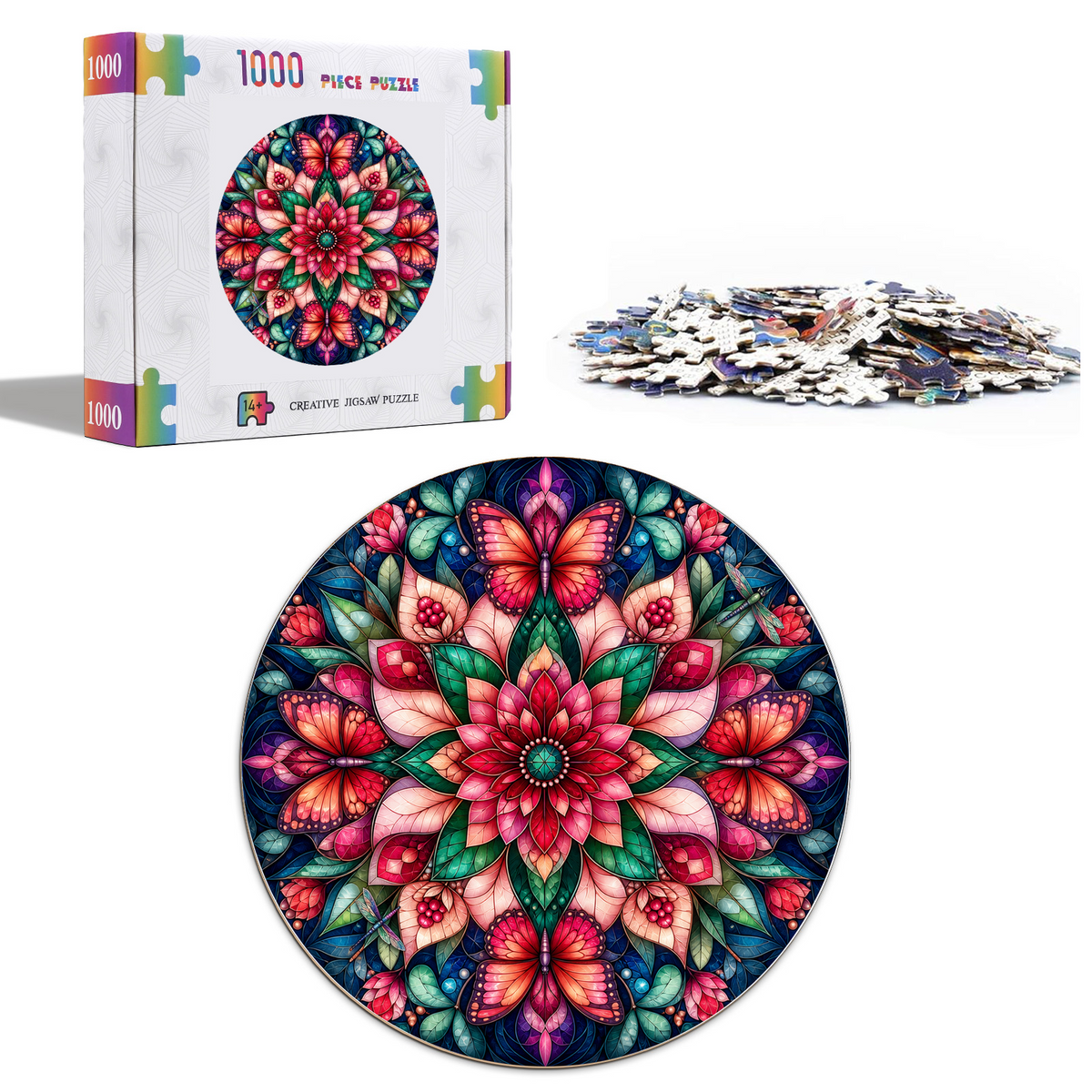 Crimson Botanical Kaleidoscope Round Puzzle - puzzle product view