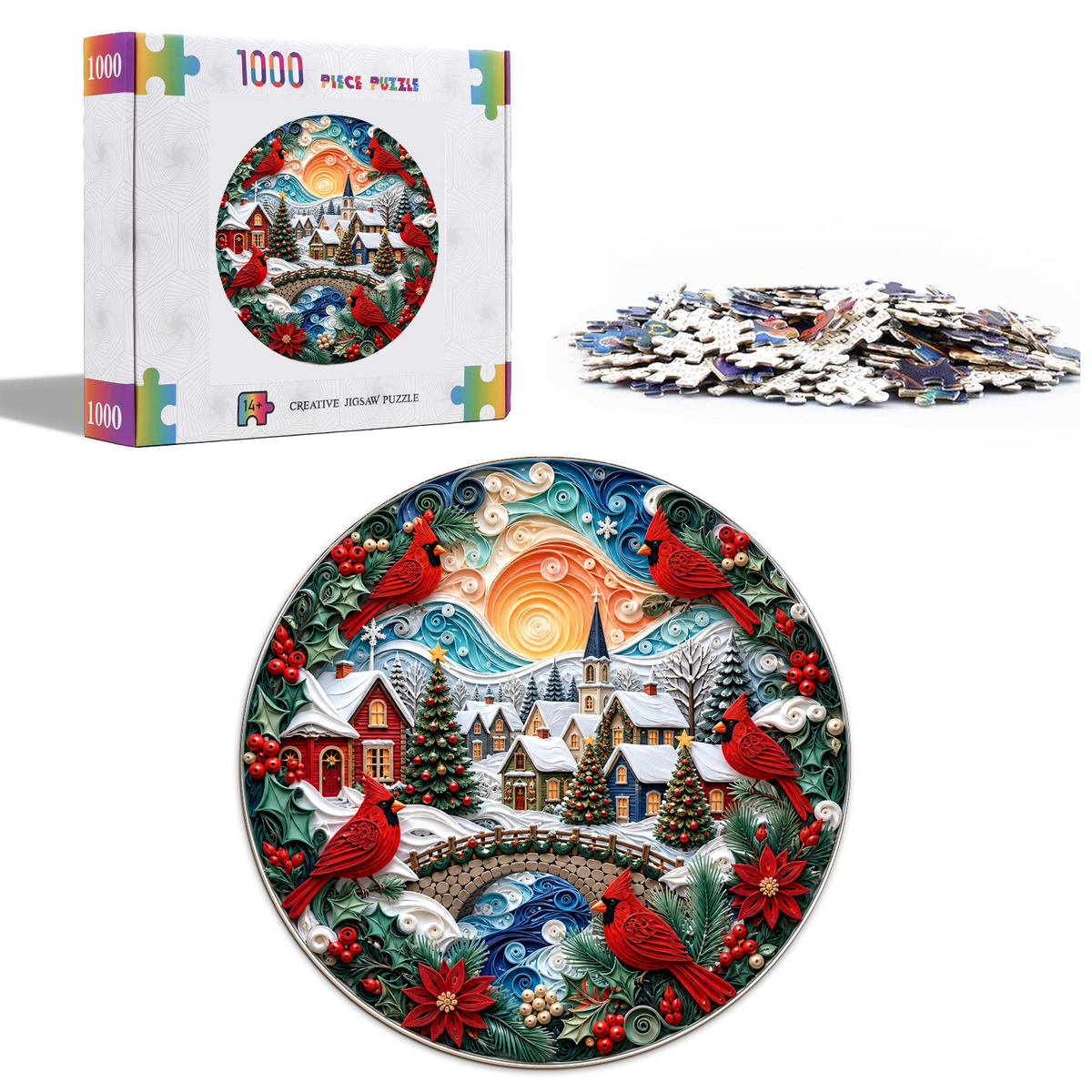 Crimson Cardinal Winter Village Round Puzzle - puzzle product view