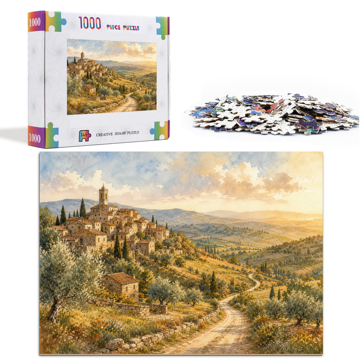 Golden Hour Hill Town Watercolor Ink Landscape Puzzle - puzzle product view