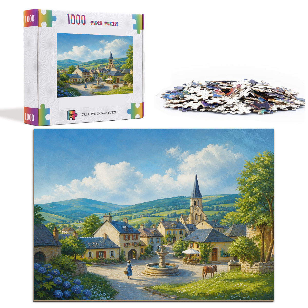 Vibrant Folk-Art Village Landscape Puzzle - puzzle product view