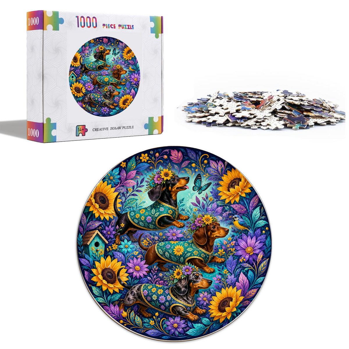 Emerald Dachshund Flower Parade Round Puzzle - puzzle product view