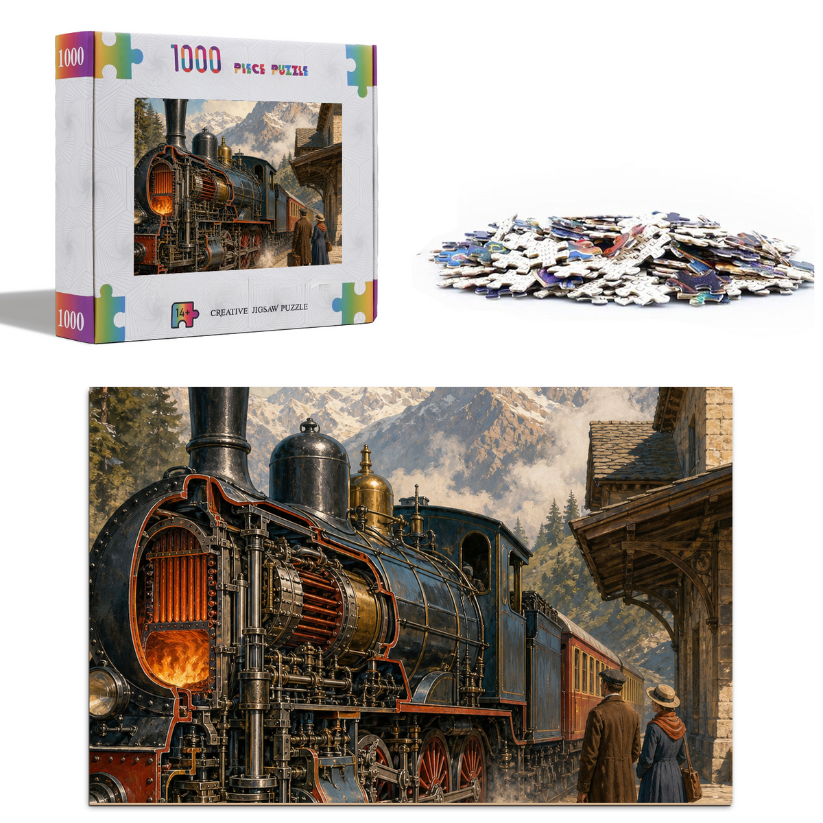 Sunlit Steam Train at a Mountain Station Retro Mechanical Portrait - puzzle product view