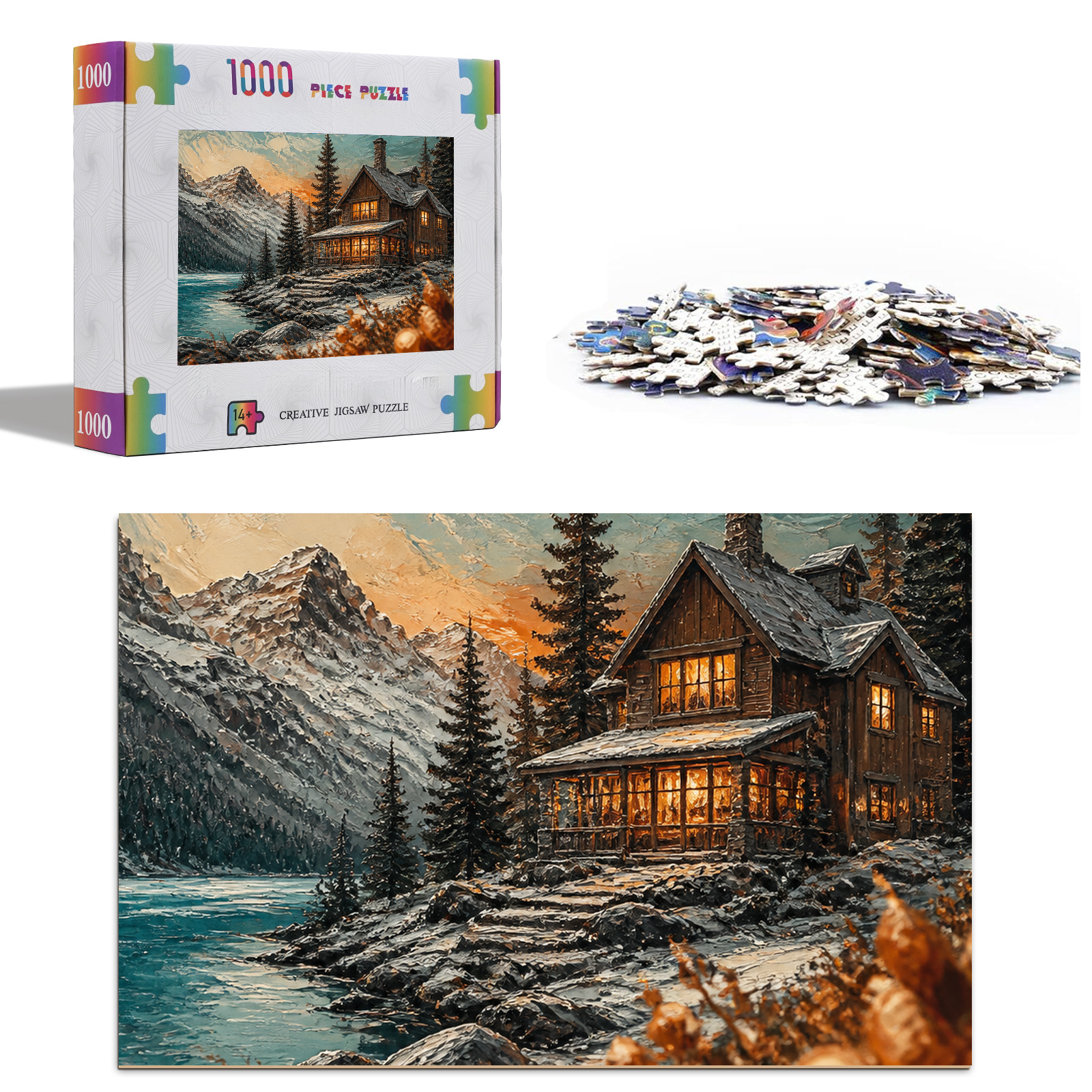 Rain Washed Winter Cabin Lights Oil Impasto Portrait Puzzle - puzzle product view