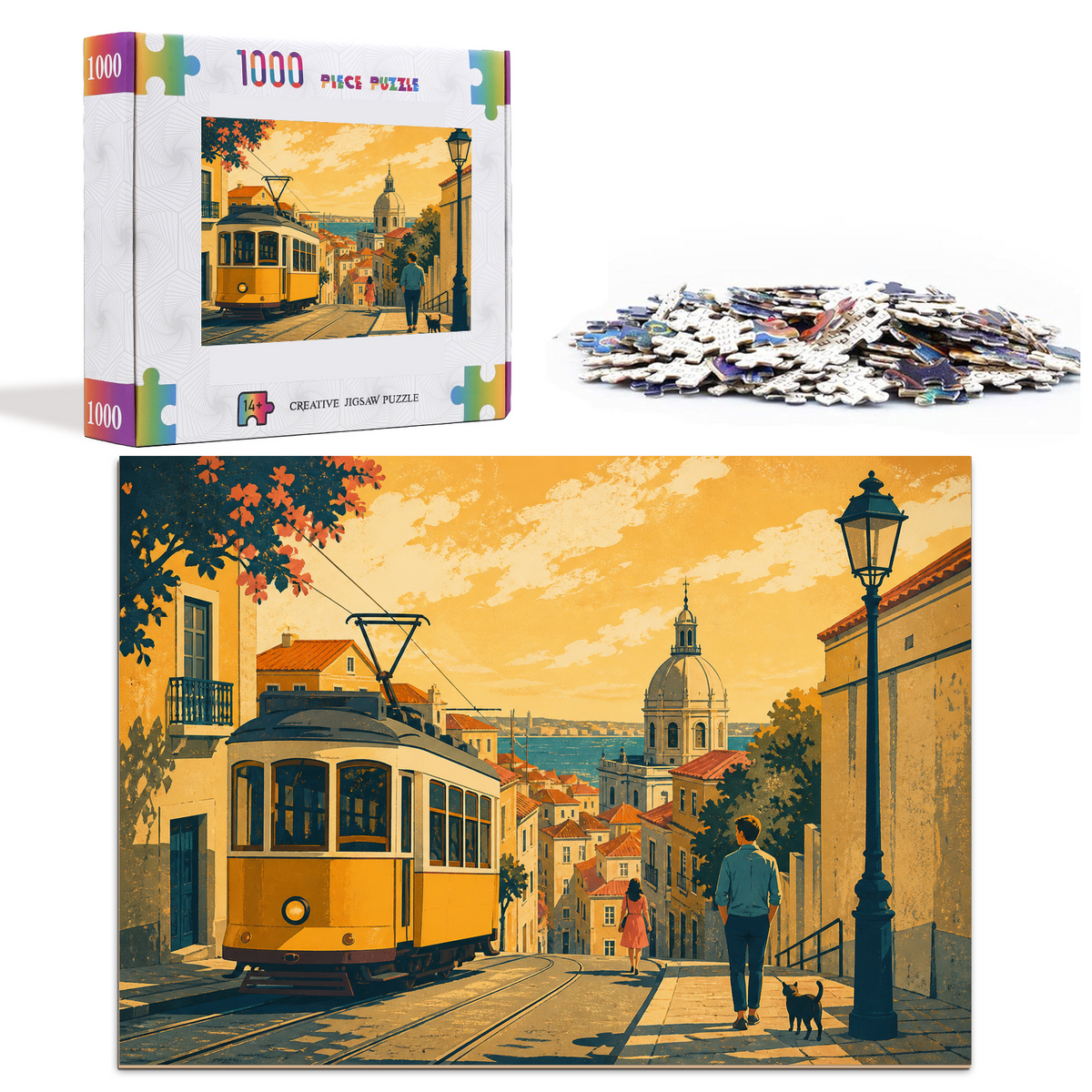 Golden-Hour Tram Street Landscape Puzzle - puzzle product view