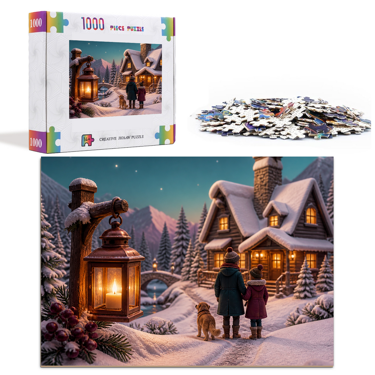 Golden Hour Winter Cabin Lights Soft 3d Storybook Landscape Puzzle - puzzle product view
